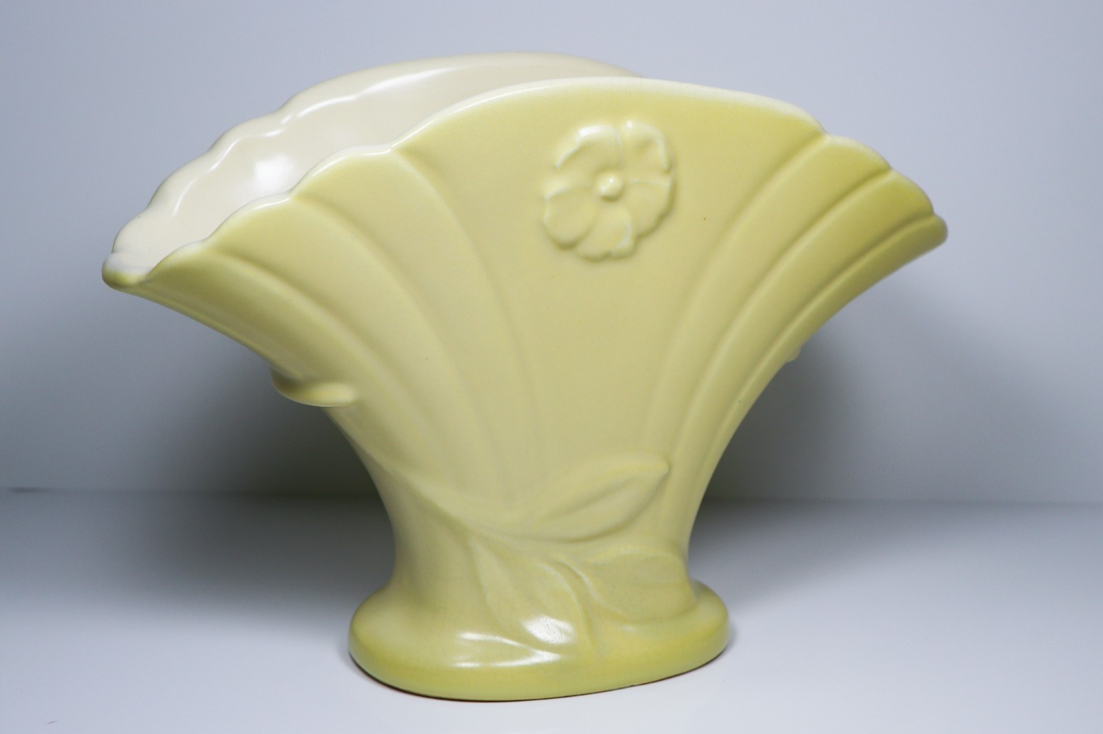 1930s Weller Pottery Yellow/Ivory Fluted Fan Vase R-5