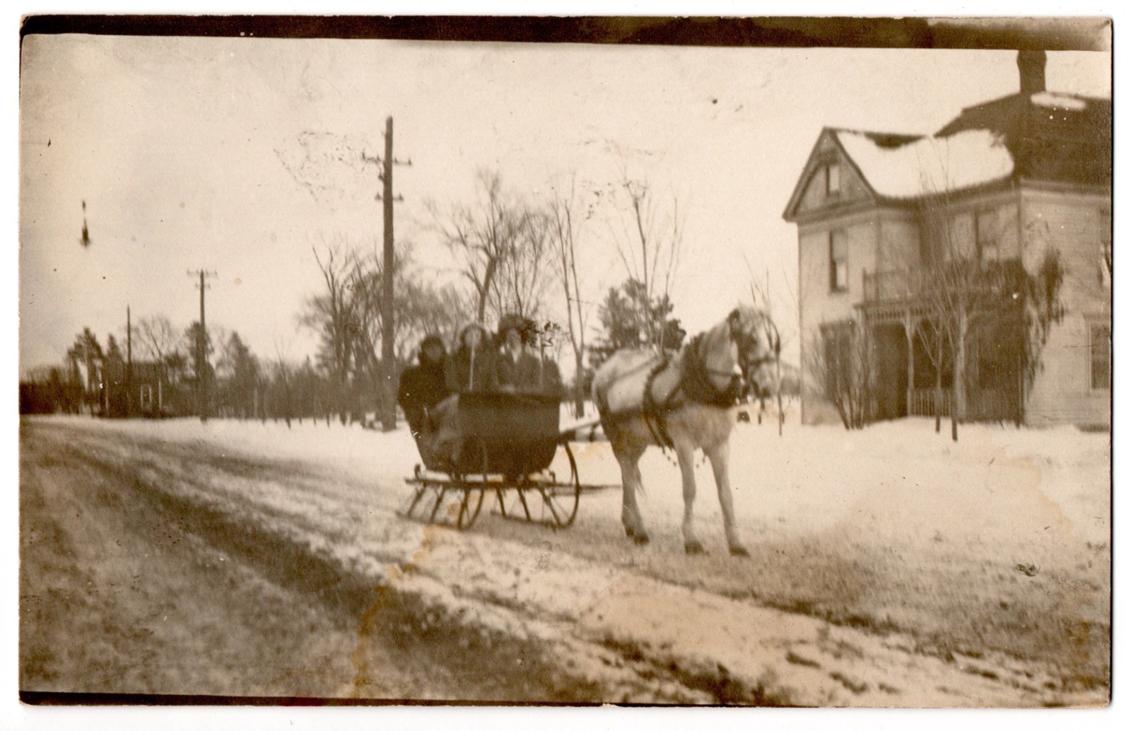 Antique Real Photo Postcard RPPC Winter Sleigh Ride Horse Buggy Sled House Photo