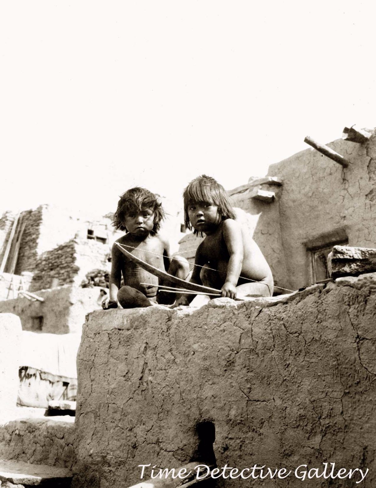 Two Hopi Indian Children with Bow & Arrows, Arizona -1908- Historic Photo Print