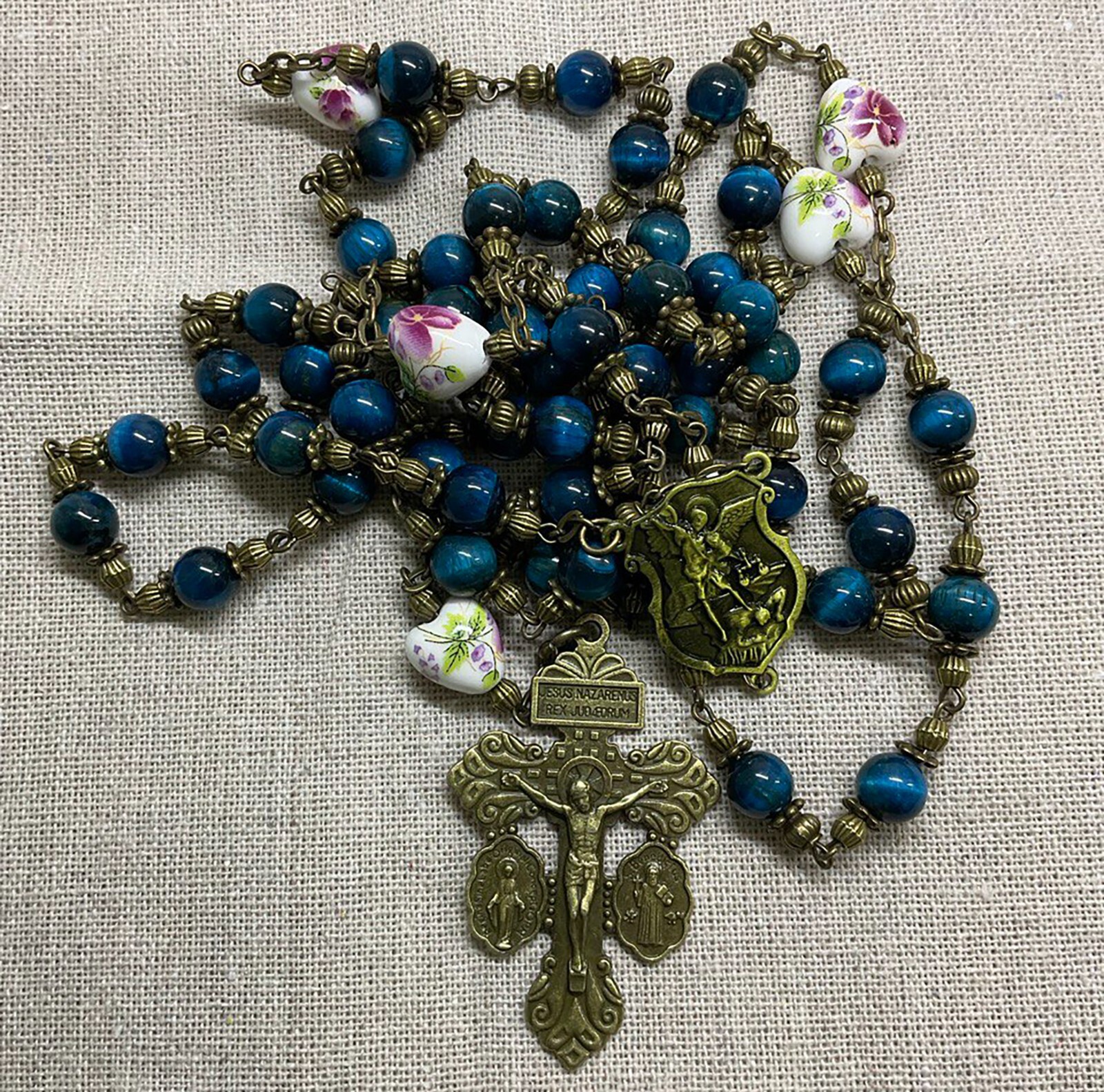Handmade Saint Michael Rosary with Blue Tiger Eye Beads and Pardon Crucifix