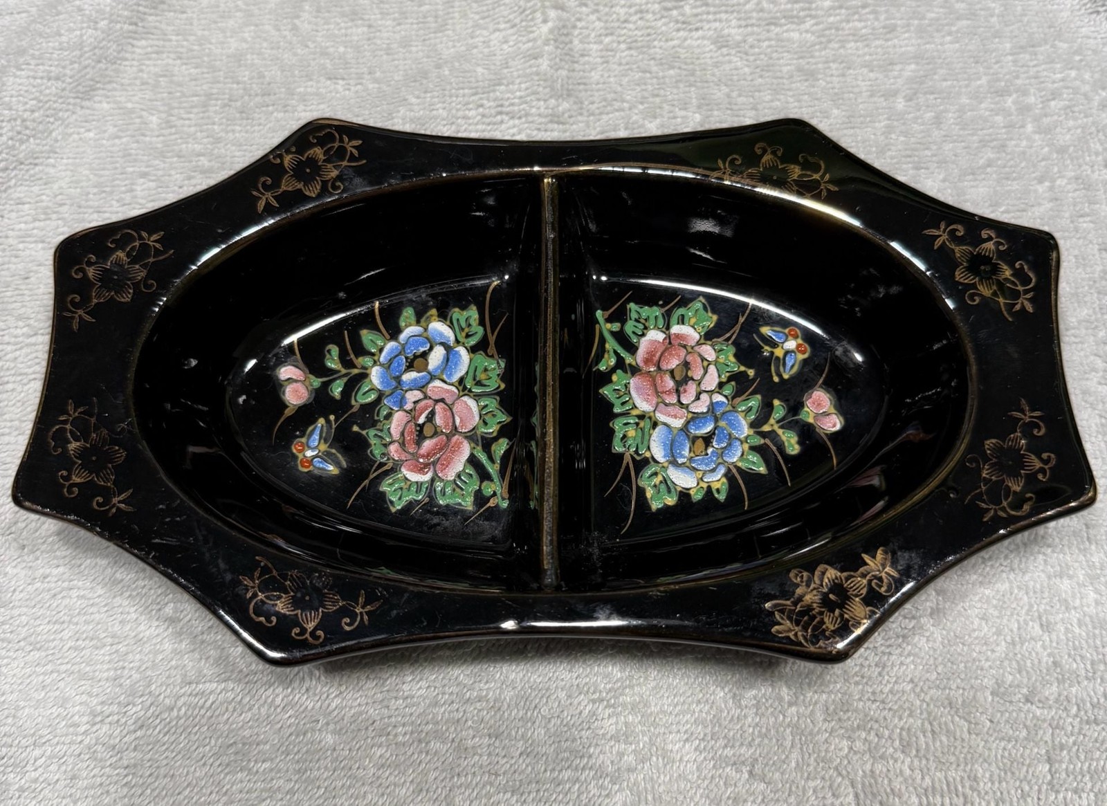 Vintage Handpainted Divided Trinket Dish Black Floral