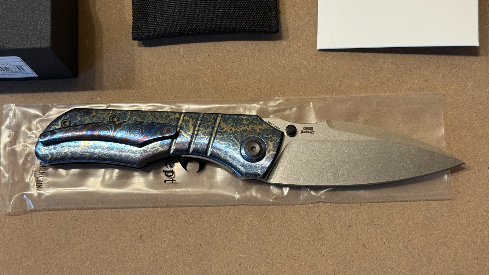 Kansept MINI LANZA Timascus Titanium Liner Lock Drop Point 20CV Thumbstud Knife