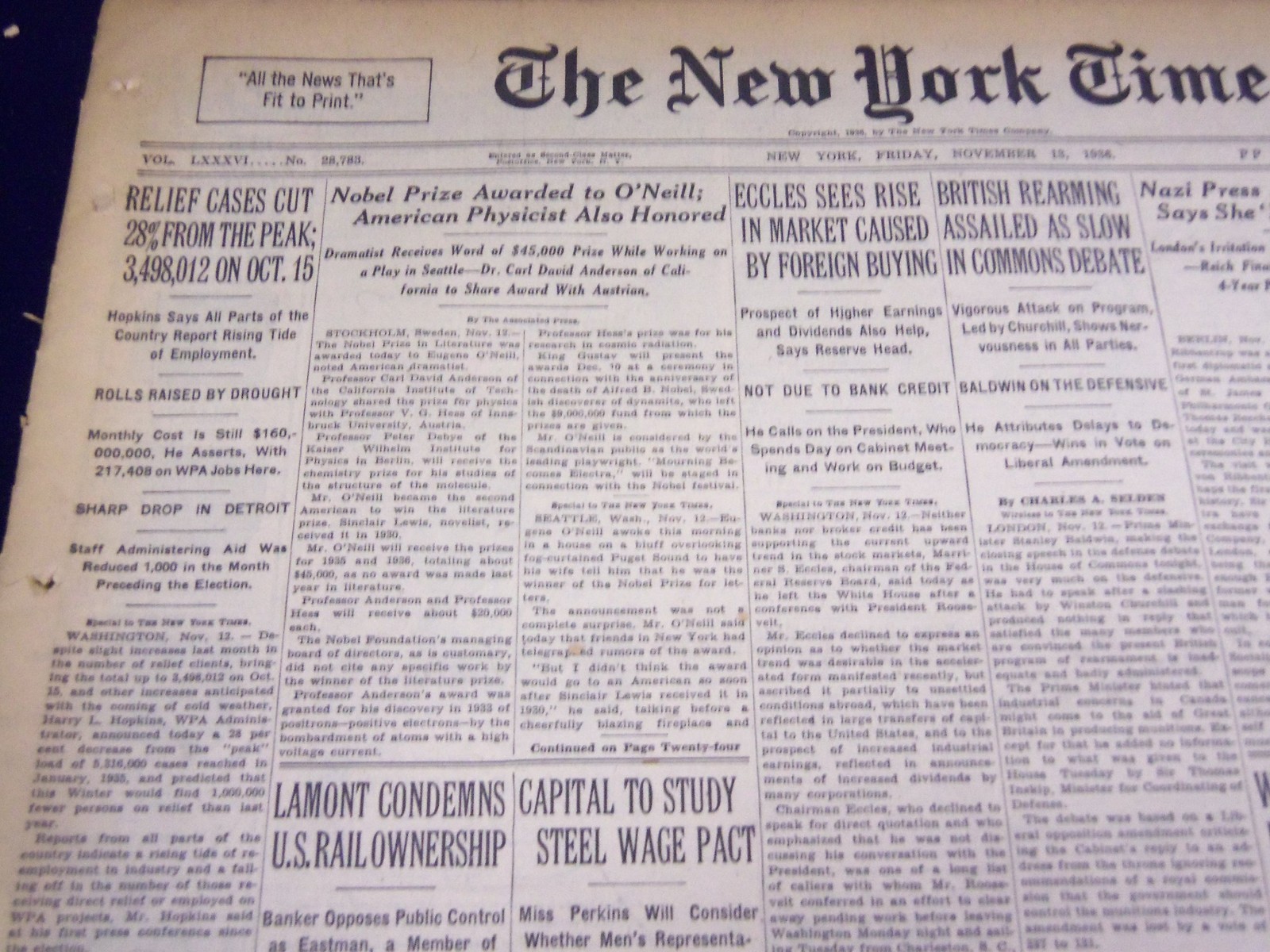 1936 NOV 13 NEW YORK TIMES - EUGENE O\'NEILL WINS NOVEL PRIZE - NT 2134