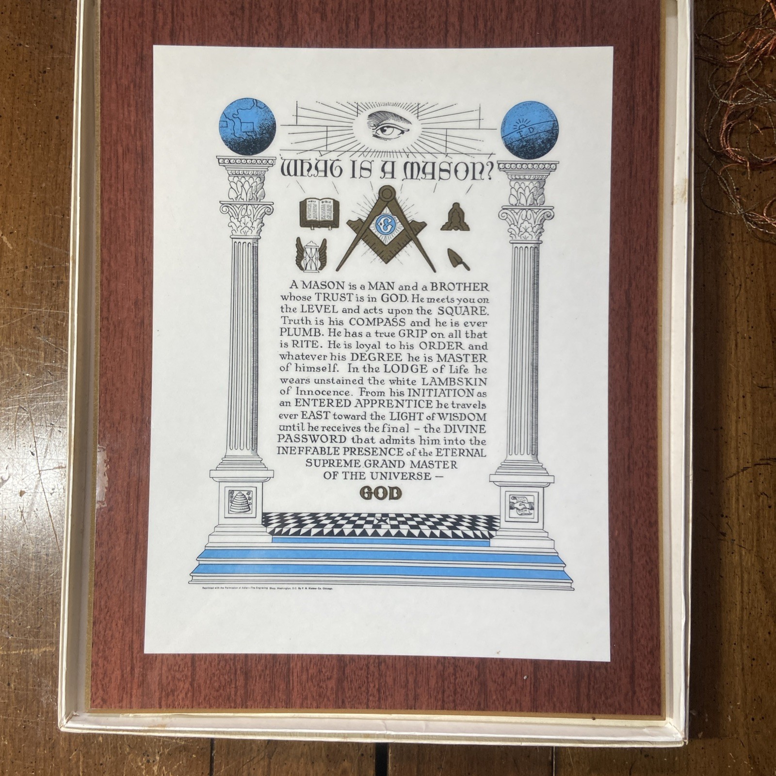 Vintage Framed Freemason “What Is A Mason” Wall Hanging Masonry Art