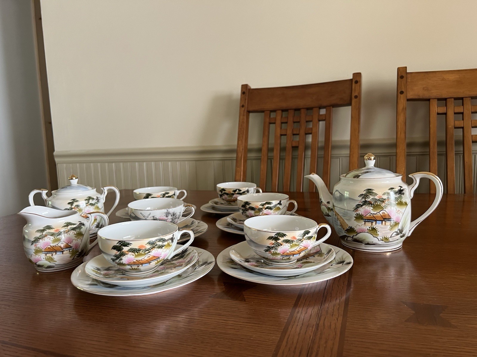 Hayasi Kutani Lithophane 23 Piece Tea Set-Mt. Fuji Water Front Scene-1950’s-VTG