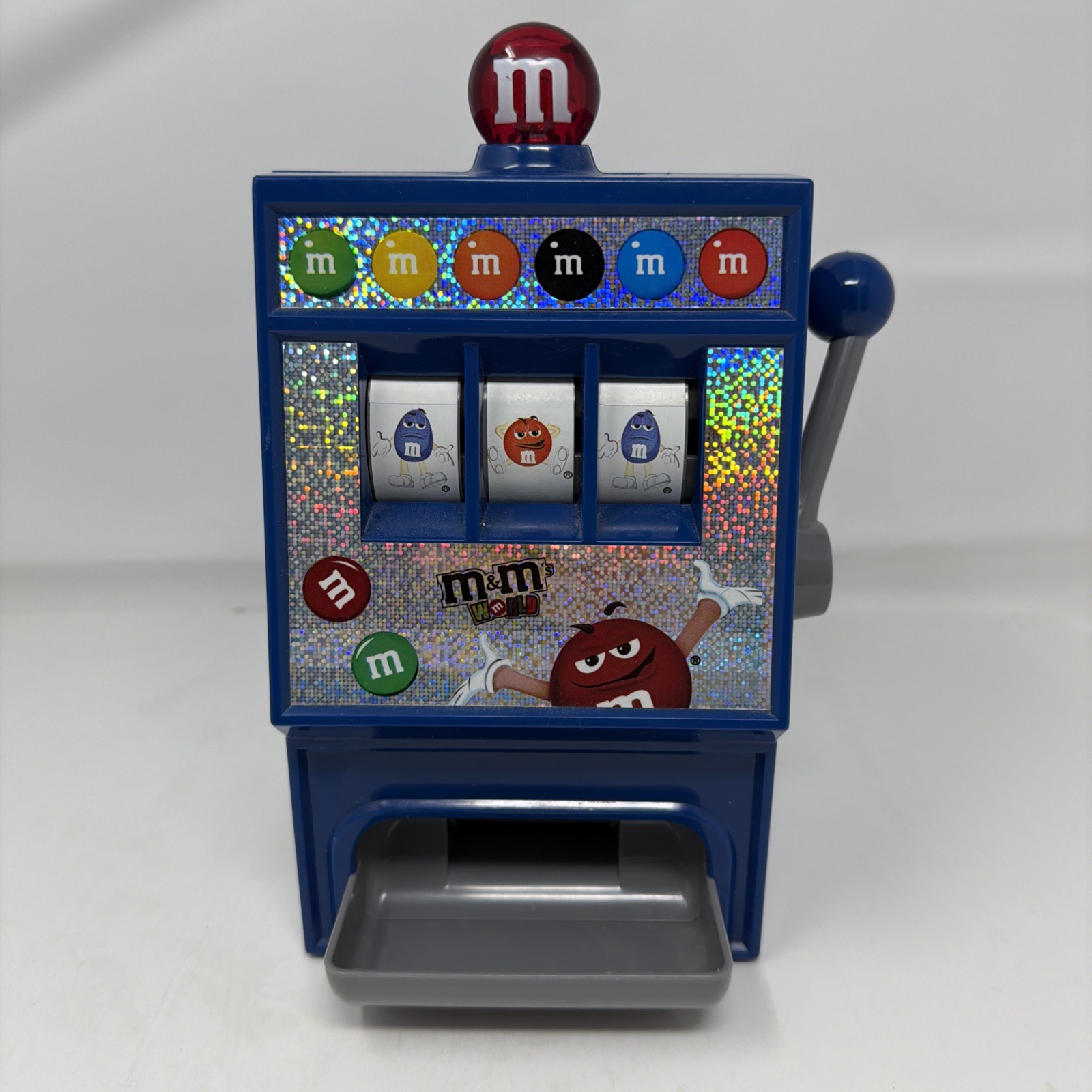 M&M's World Slot Machine Candy Dispenser Blue M&Ms Collectible Toy Novelty Decor