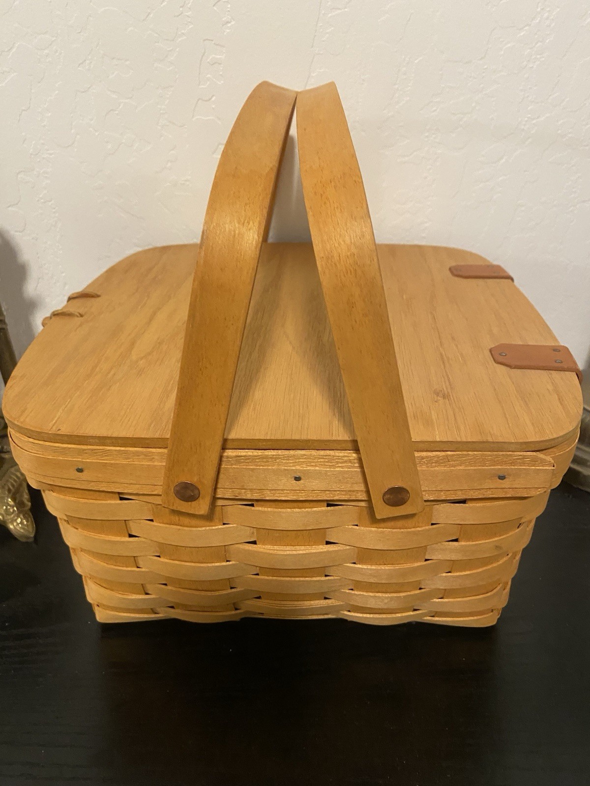 Longaberger Picnic Basket  Lidded with Stand Signed 1998  6” X 12” X 12”