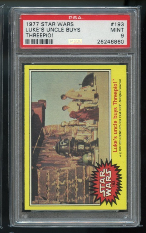 1977 Topps Star Wars # 193 Luke\'s uncle buys Threepio PSA 9 MINT Vintage Yellow