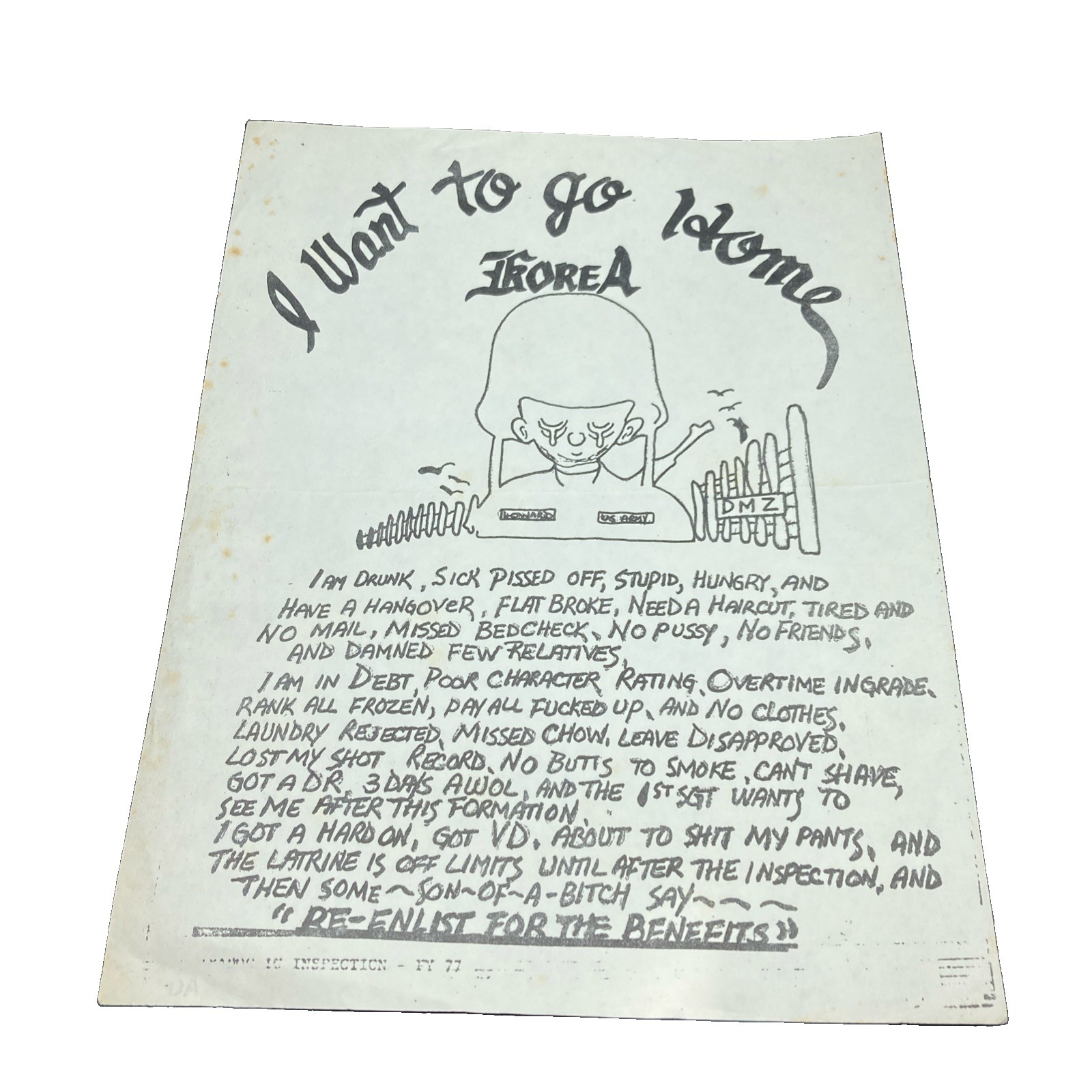 Vintage Vietnam Era US Army Korea DMZ Humor Gripe Sheet Cartoon Poster 1977
