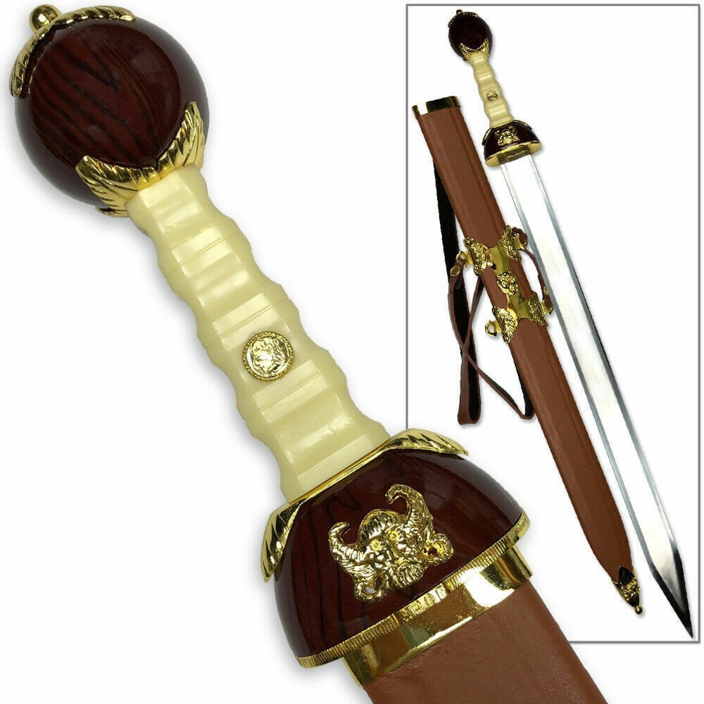 Maximus Roman Gladiator Sword Gold Medieval Gladius | Leather Wrapped Scabbard w