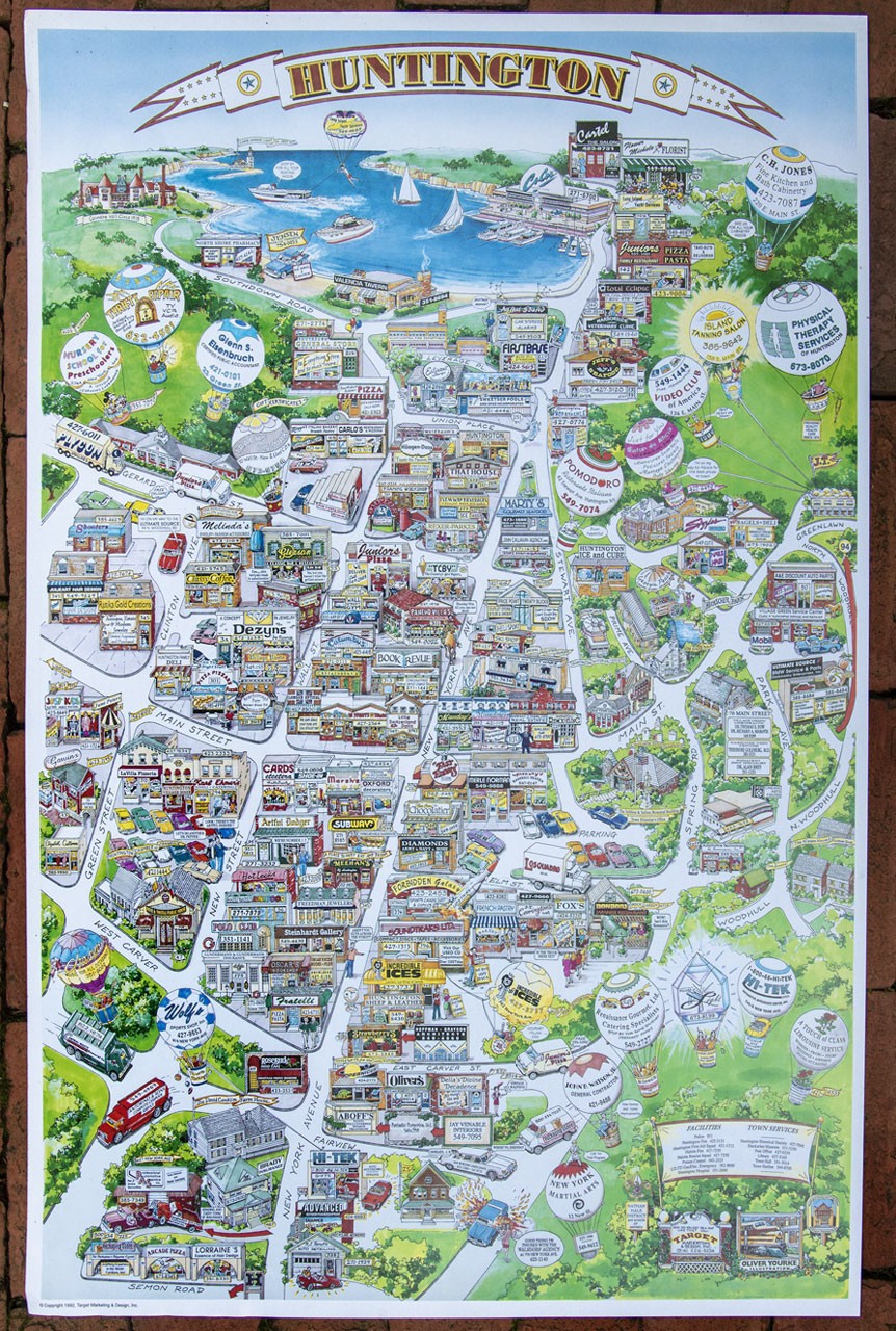 HUNTINGTON LONG ISLAND Illustrated Cartoon Map 1992 - 