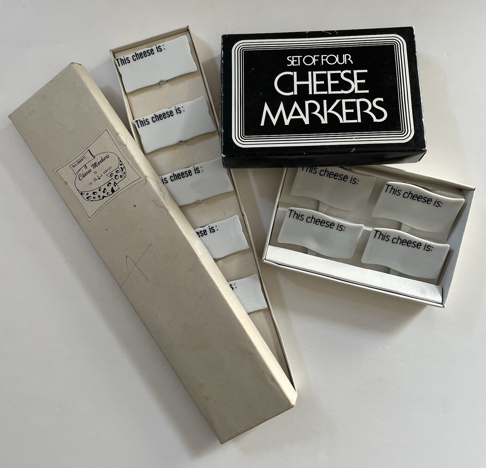 9 - Vtg 1960 Porcelain Cheese Markers Boxed 2 Styles Shafford Co & Knobler Japan