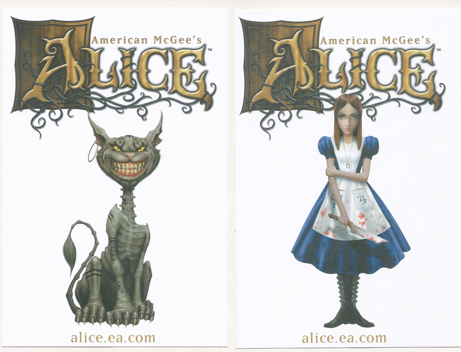 Two American McGee's ALICE (& Cheshire Cat) 4″ x 6″ Promo Window Clings AD 2000