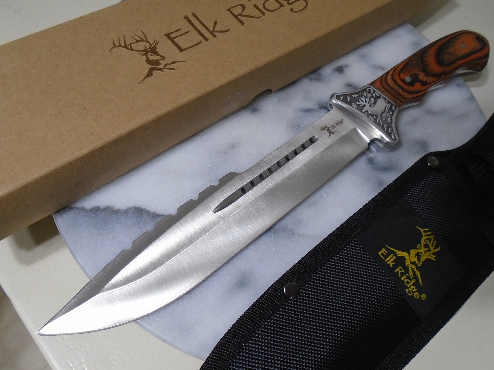 Elk Ridge Deer Hunter Bowie Fixed Blade Knife Full Tang Pakkawood 13.50