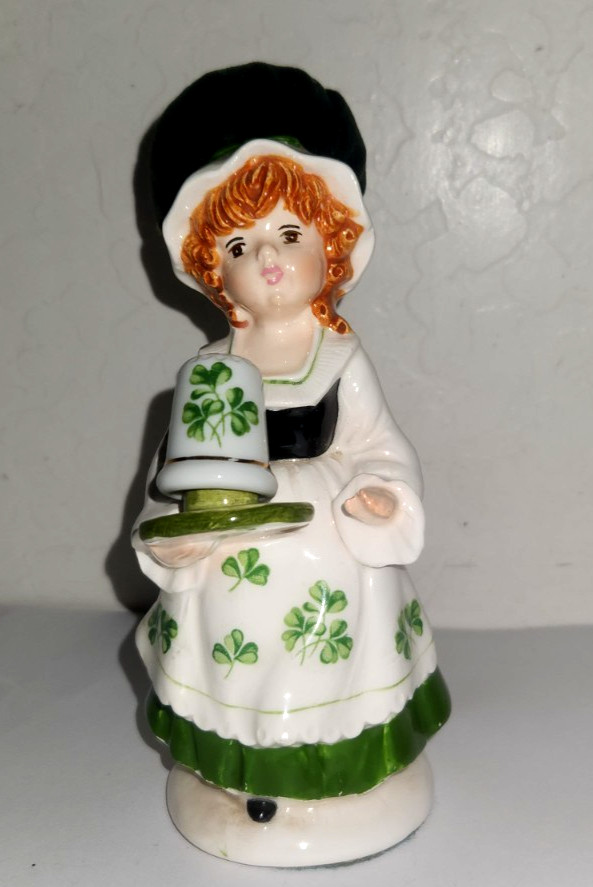 Vintage Schmid  St Patrick\'s Girl In Green Dress Pincushion Bonnet W/Thimble 6\