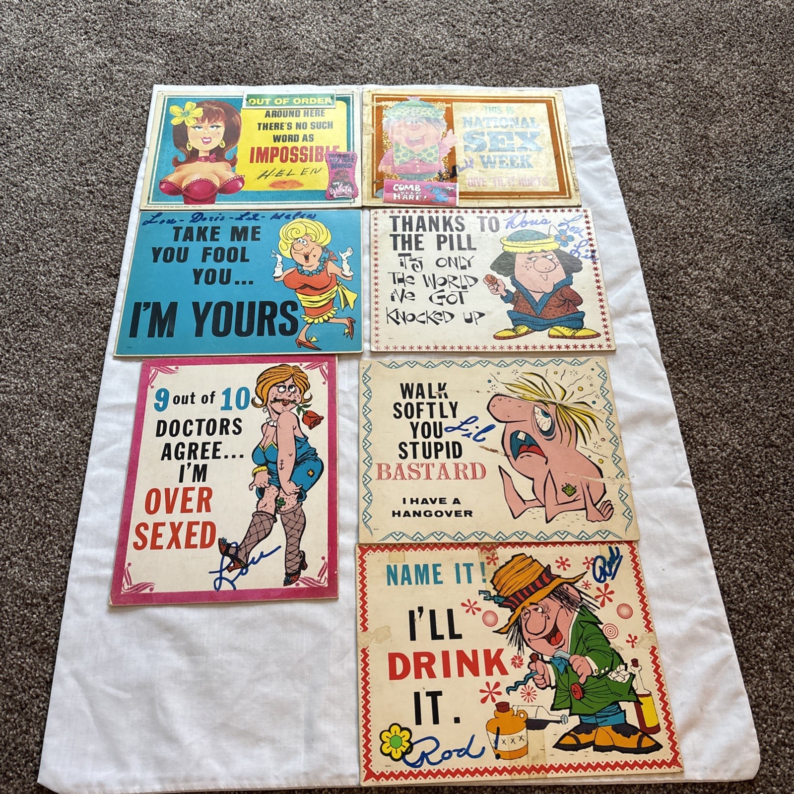 7 Pc Lot Of 1967 “Smile Plaques” Humorous Adult Cartoons United Card Co. 9”x 7”
