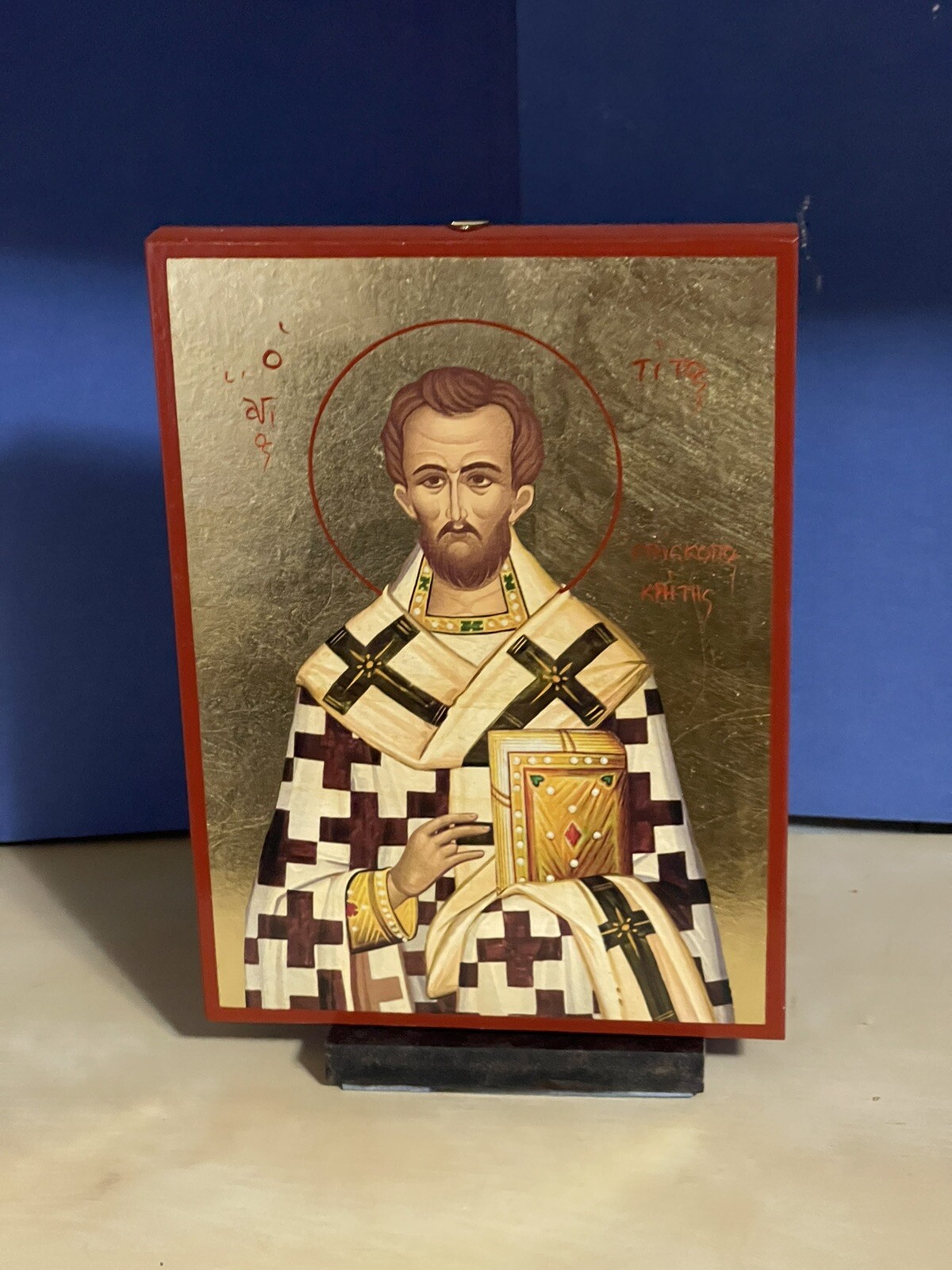 SAINT  TITUS THE APOSTLE -GREEK RUSSIAN WOODEN ICON FLAT, WITH GOLD LEAF 5x7 In