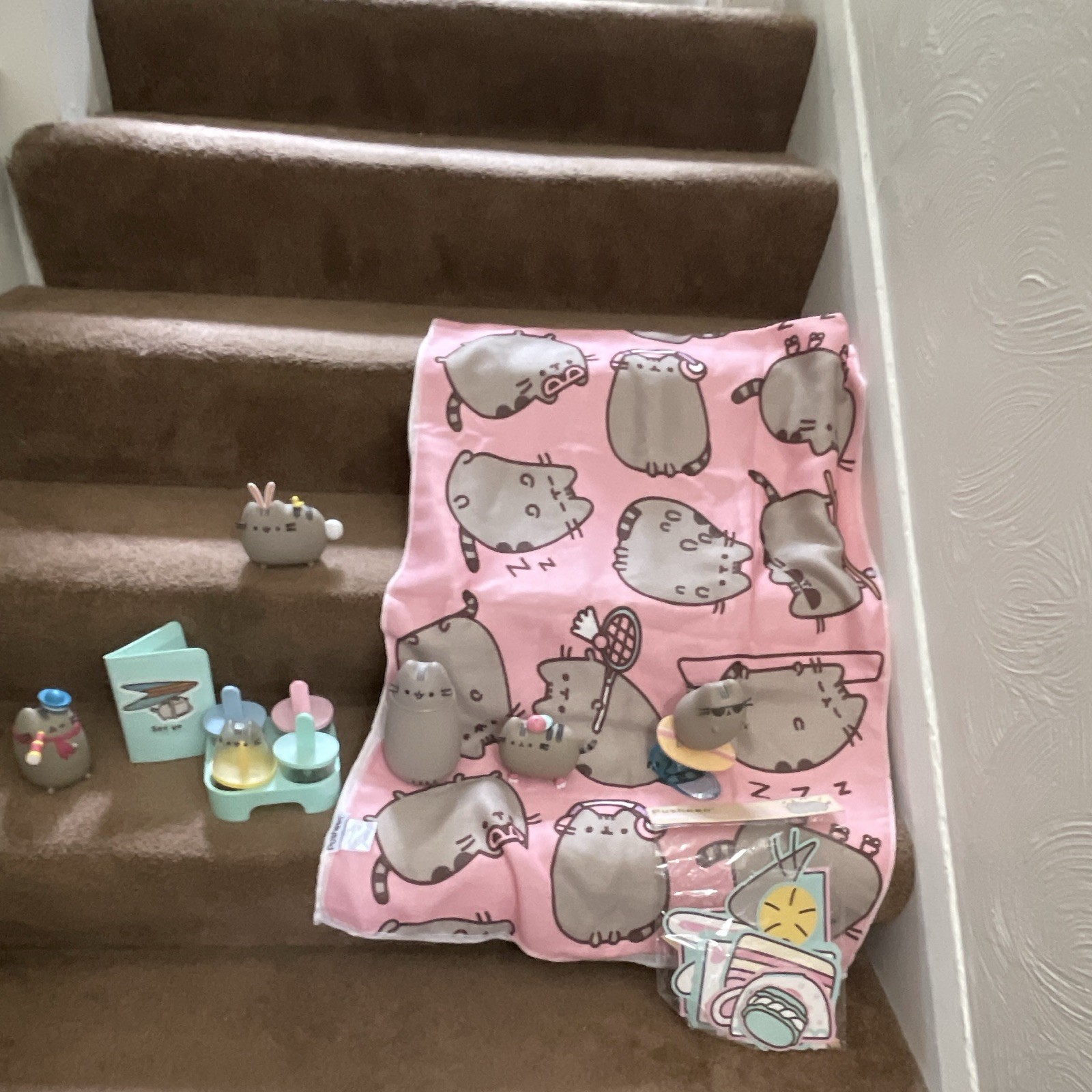 Pusheen Gray Plastic Figurine Lot w/ Accessories, Photo Booth Props & ID Holder