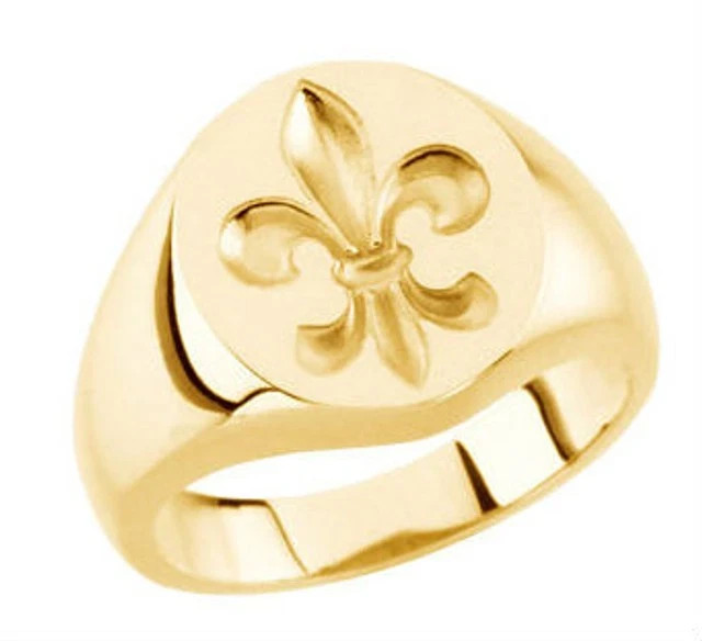 10K Yellow Gold Over Fleur De Lis Signet Ring For Men\'s in Free Sizable Sz 8-17