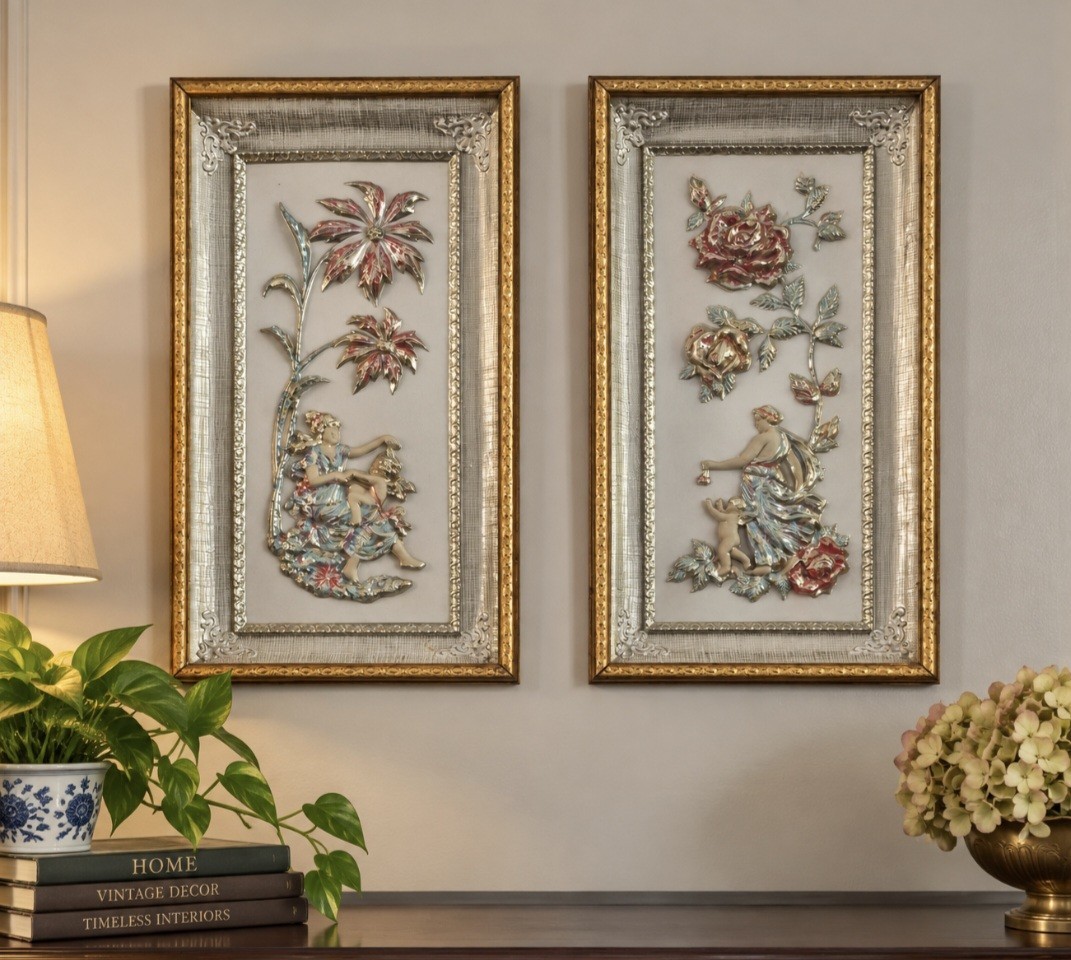 Vintage Pair Dimensional Floral Lady Wall Plaques Ornate Gold Frames