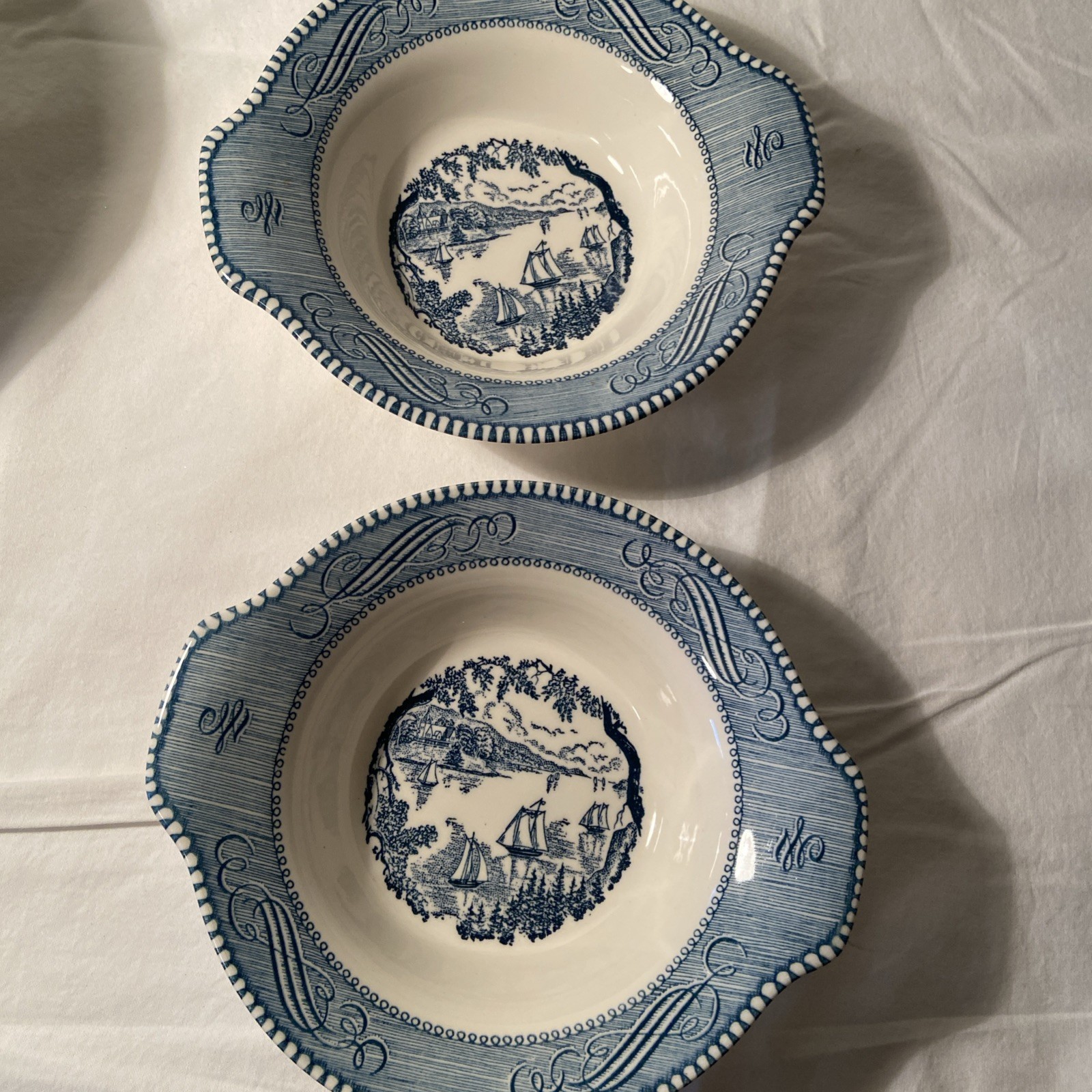 2 Royal  Currier and Ives Blue Lugged Cereal Bowl 