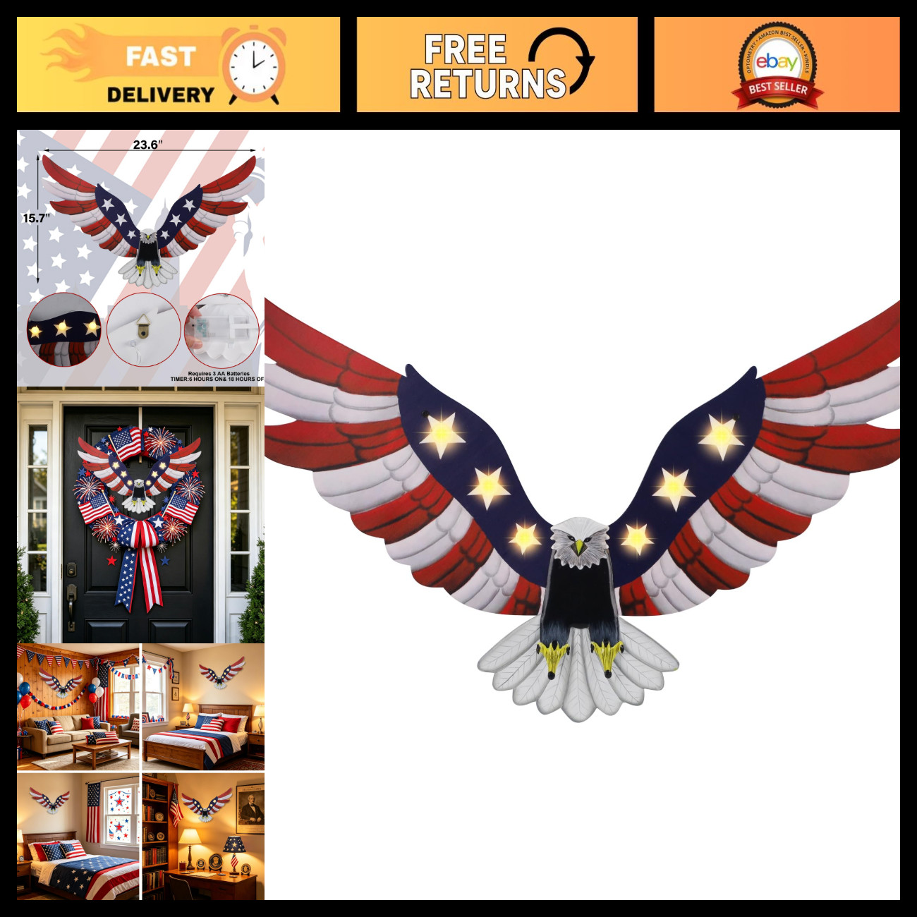 Lighted American Eagle Decoration - 250th 4th of July Outdoor Decor, Patriotic D