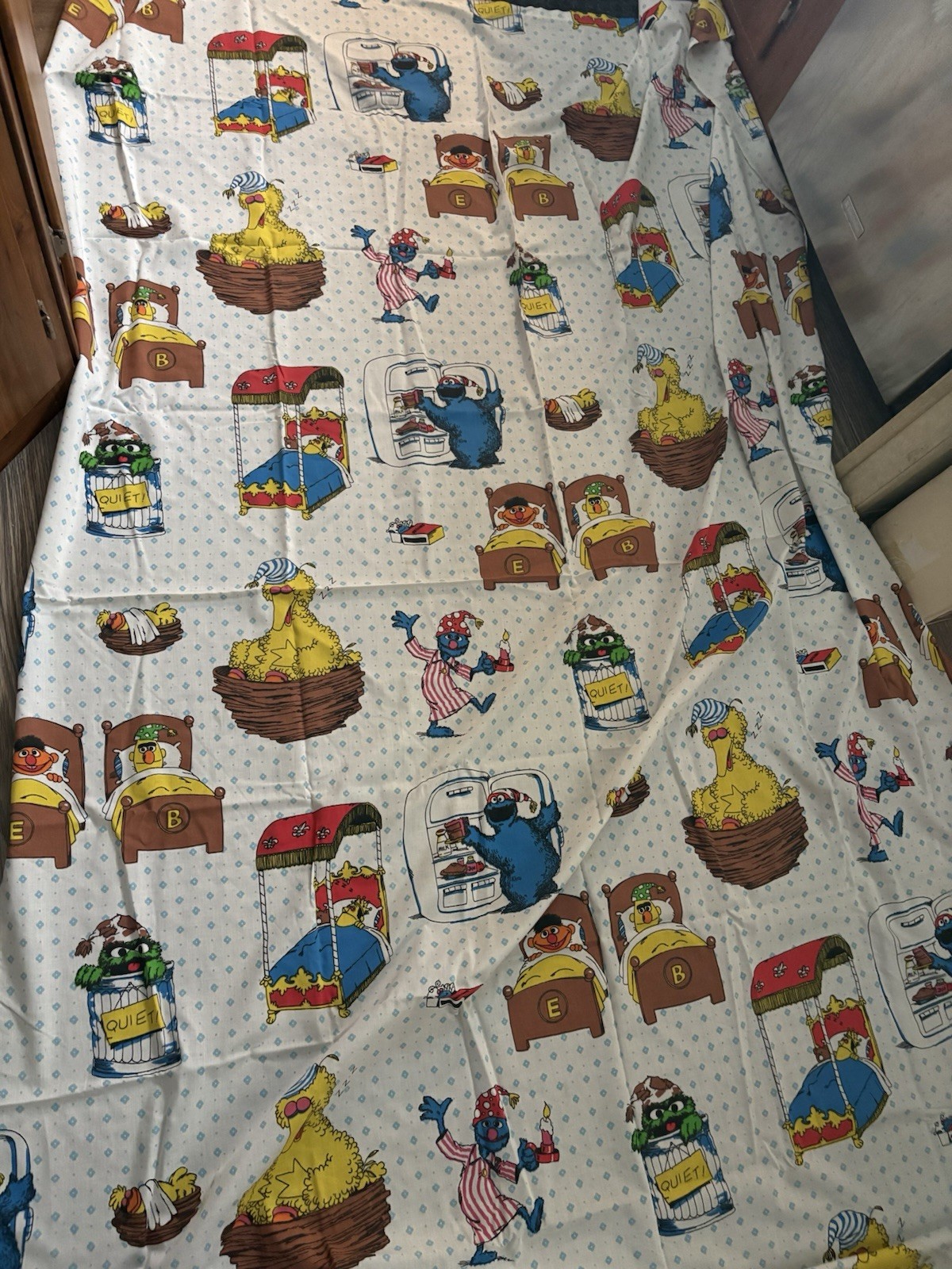 Vtg Sesame Street Twin Flat Sheet Material Big Bird Burt Ernie 94”X64” Stained