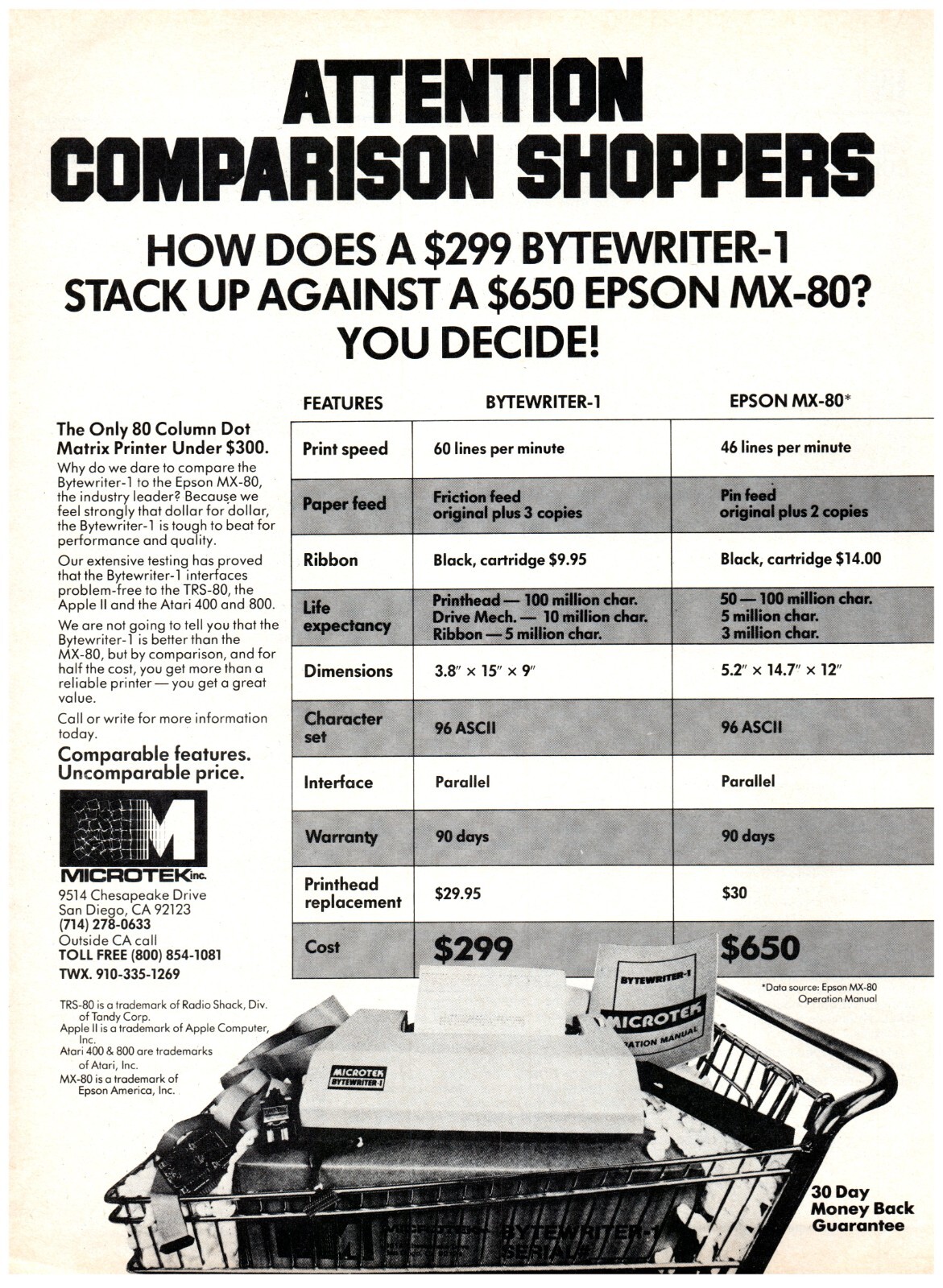 1981 PRINT AD, Microtek San Diego Printer Comparison Bytewriter-1 vs Epson MX-80