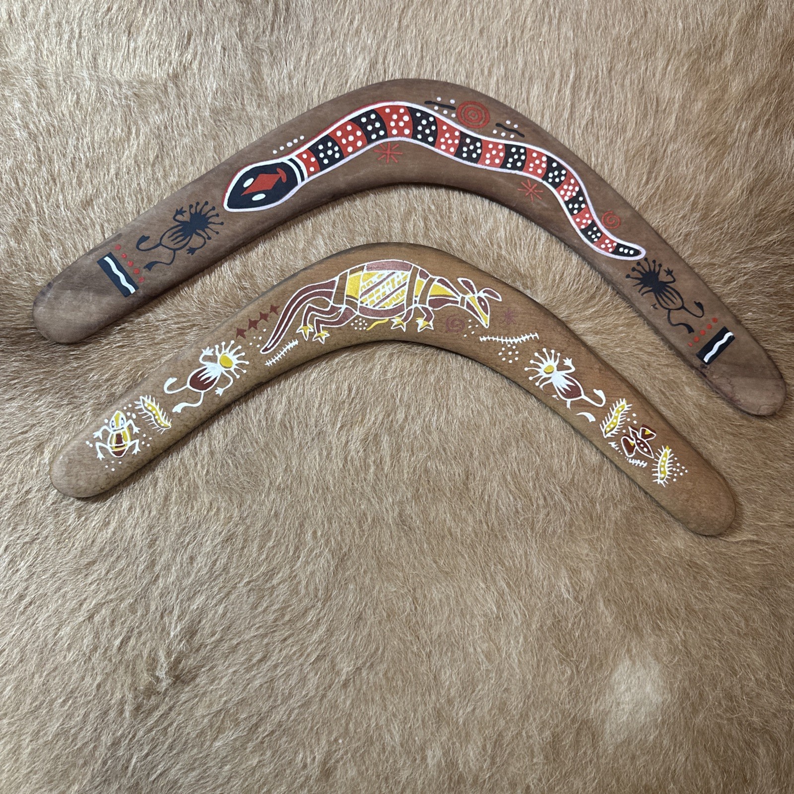 Pair Vintage Australian Wood Boomerangs Alcheringa Hand Painted Snake Kangaroo