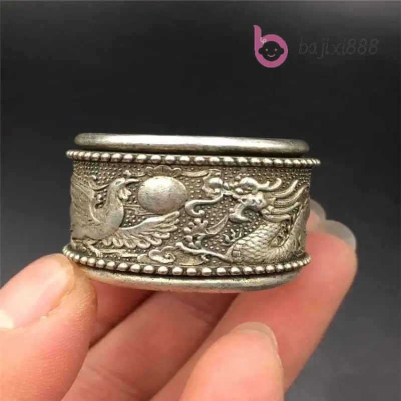 Chinese Miao Silver Carve Dragon and Phoenix Jewellery Hand Ring Amulet Mascot