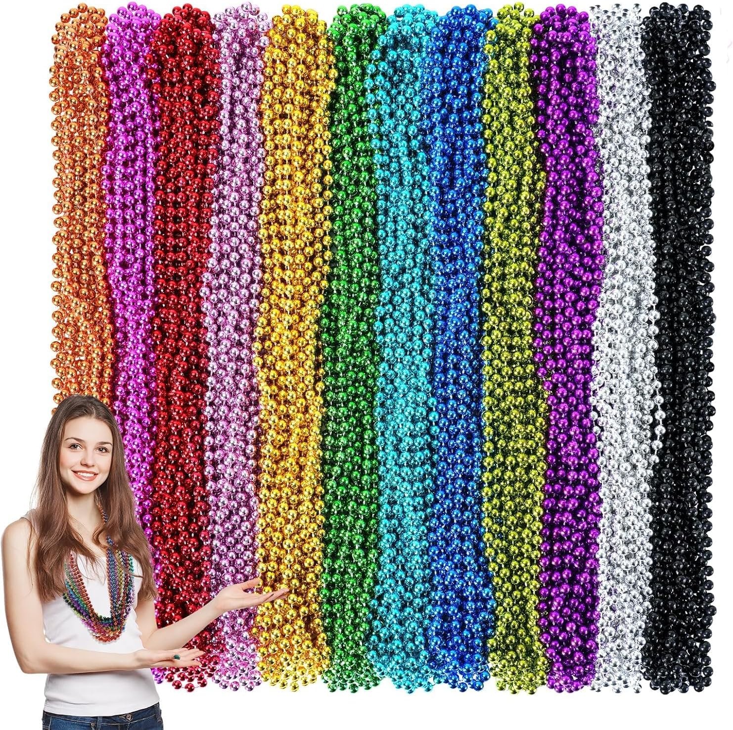 144PCS Mardi Gras Beads, 12 Colors Mardi Gras Beads Bulk, 33\'\' 7mm Mardi Gras