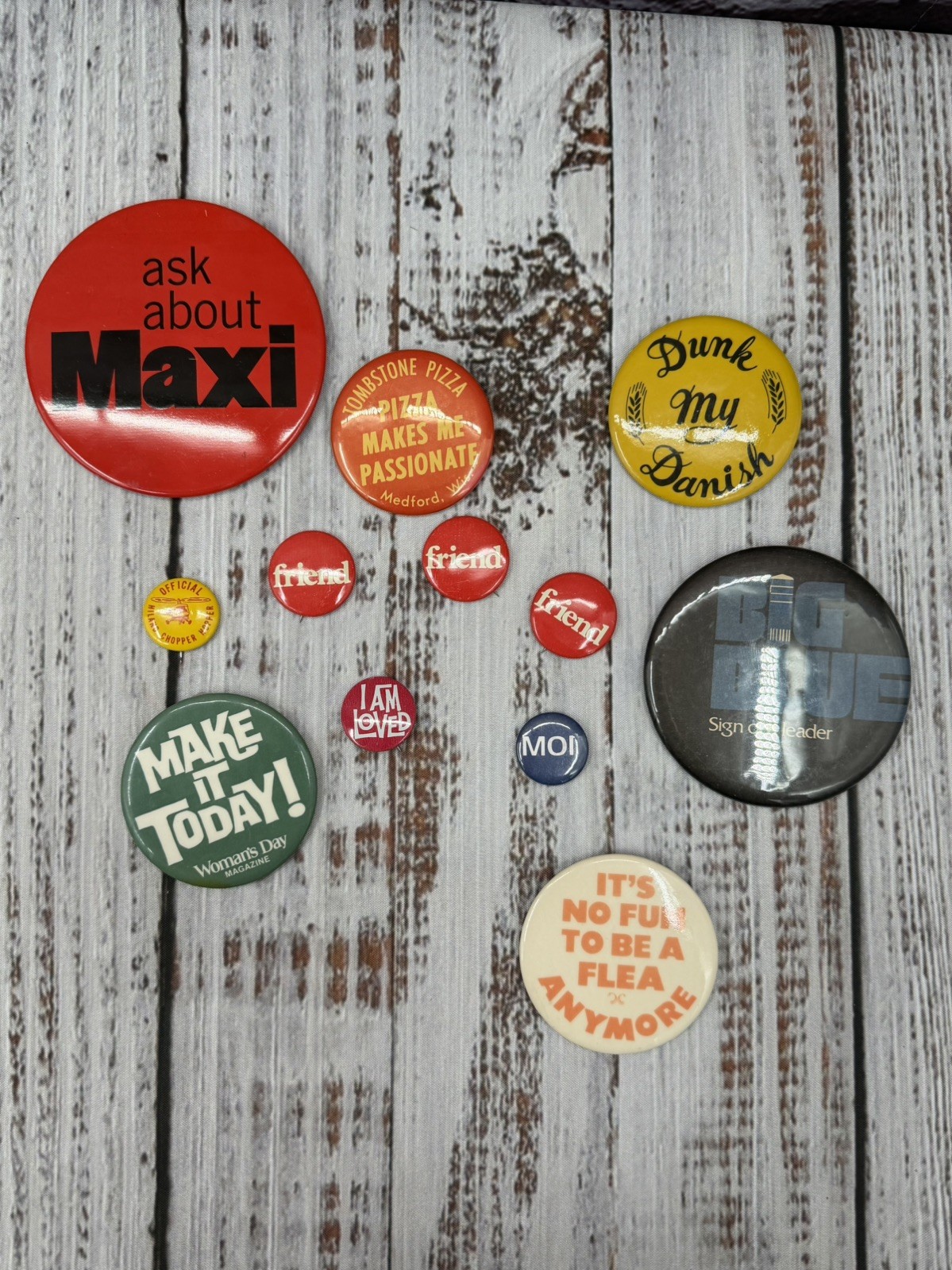 Vintage Advertising Pinback Button Lot of 12 Maxi Tombstone Pizza Womans Day