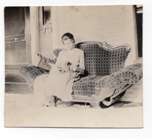Woman Reading Book Fancy Sofa Porch RPPC Photo 1910s Antique