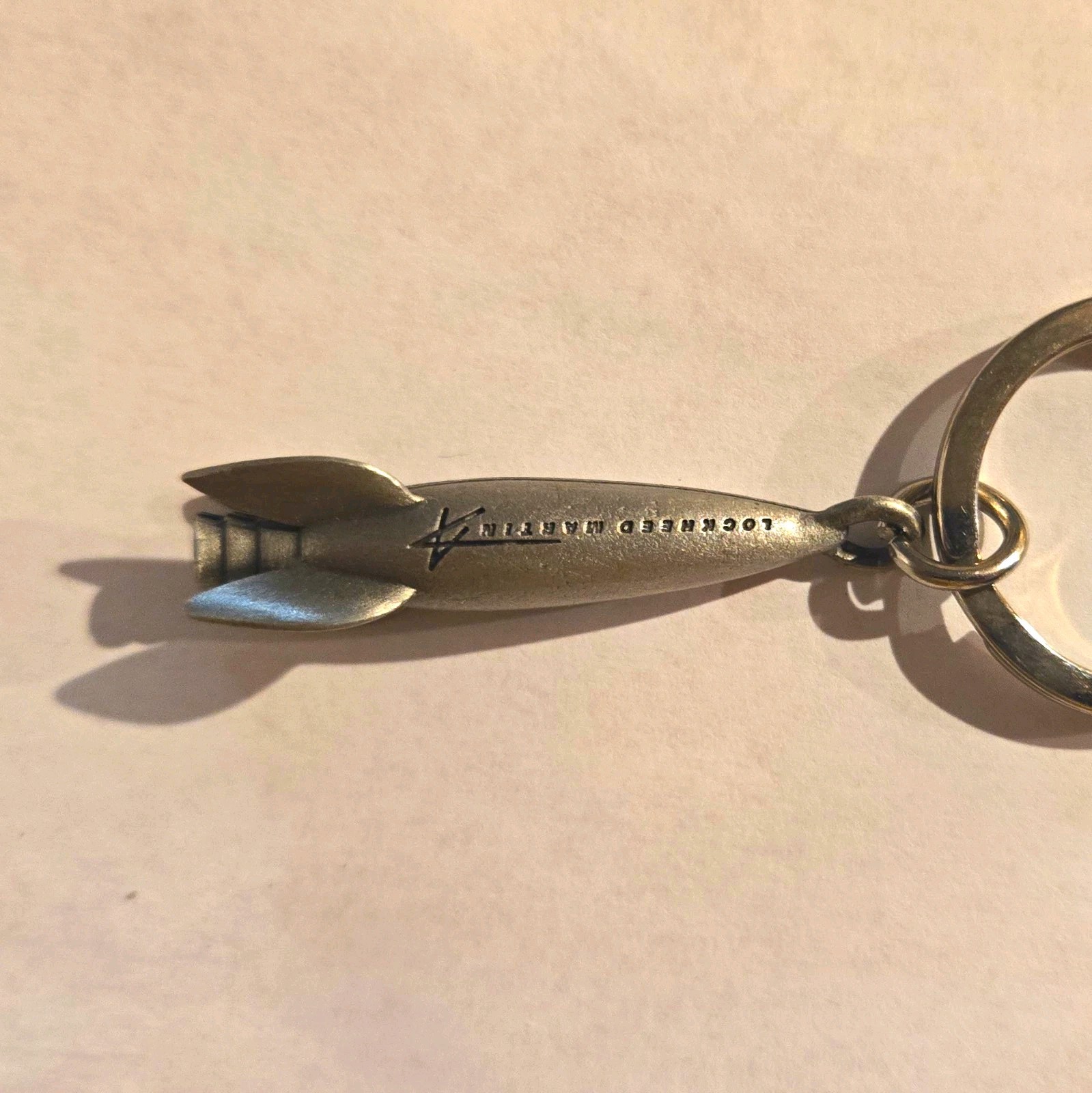 Vintage Lockeed Martin Silver Tone Metal Keychain Key Ring w/Rocket/Bomb Pendant