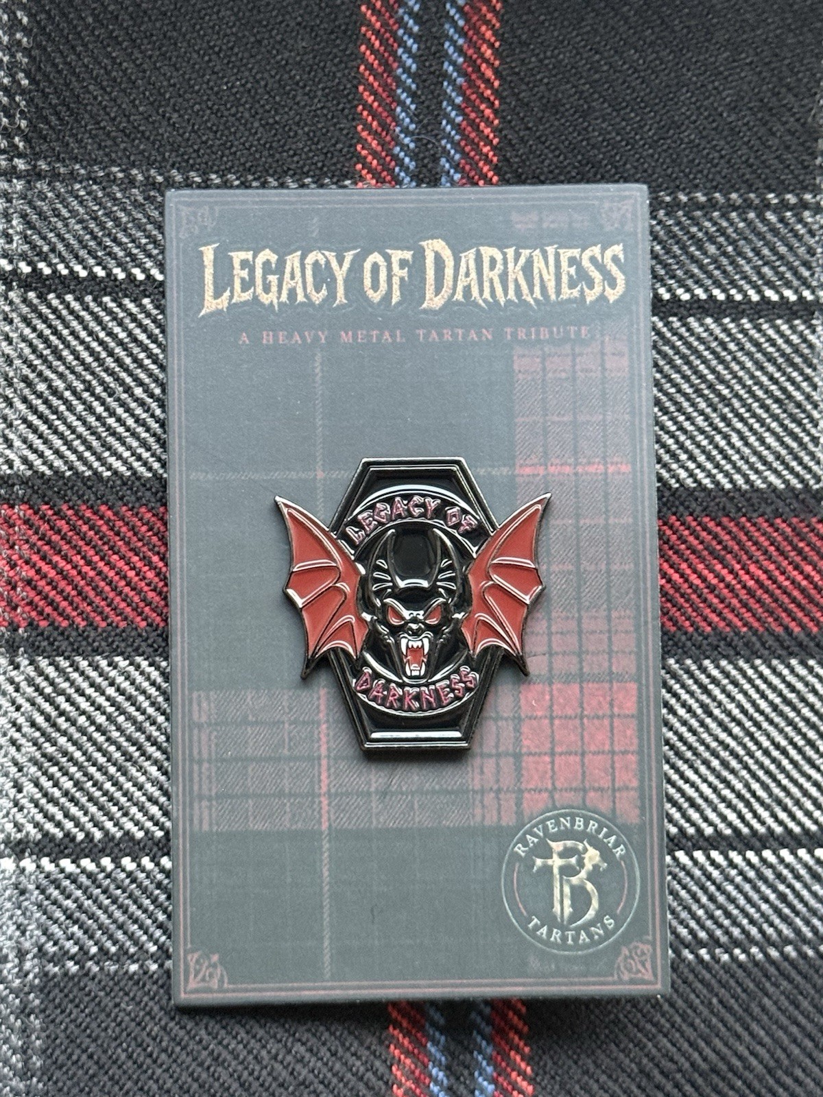 Legacy of Darkness Bat Enamel Pin Heavy Metal Tribute Tartan Gothic Ravenbriar