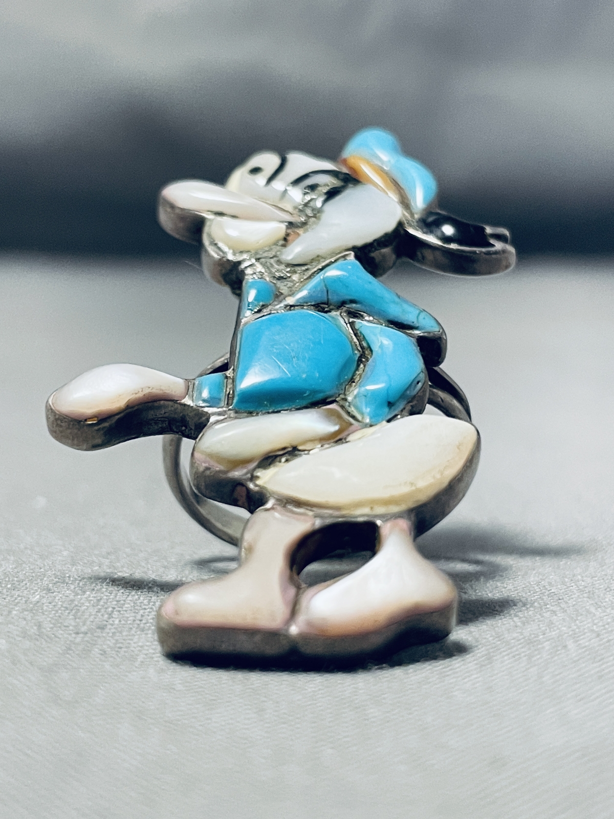 EXTREMELY RARE OLD VINTAGE NAVAJO DONALD DUCK TURQUOISE STERLING SILVER RING