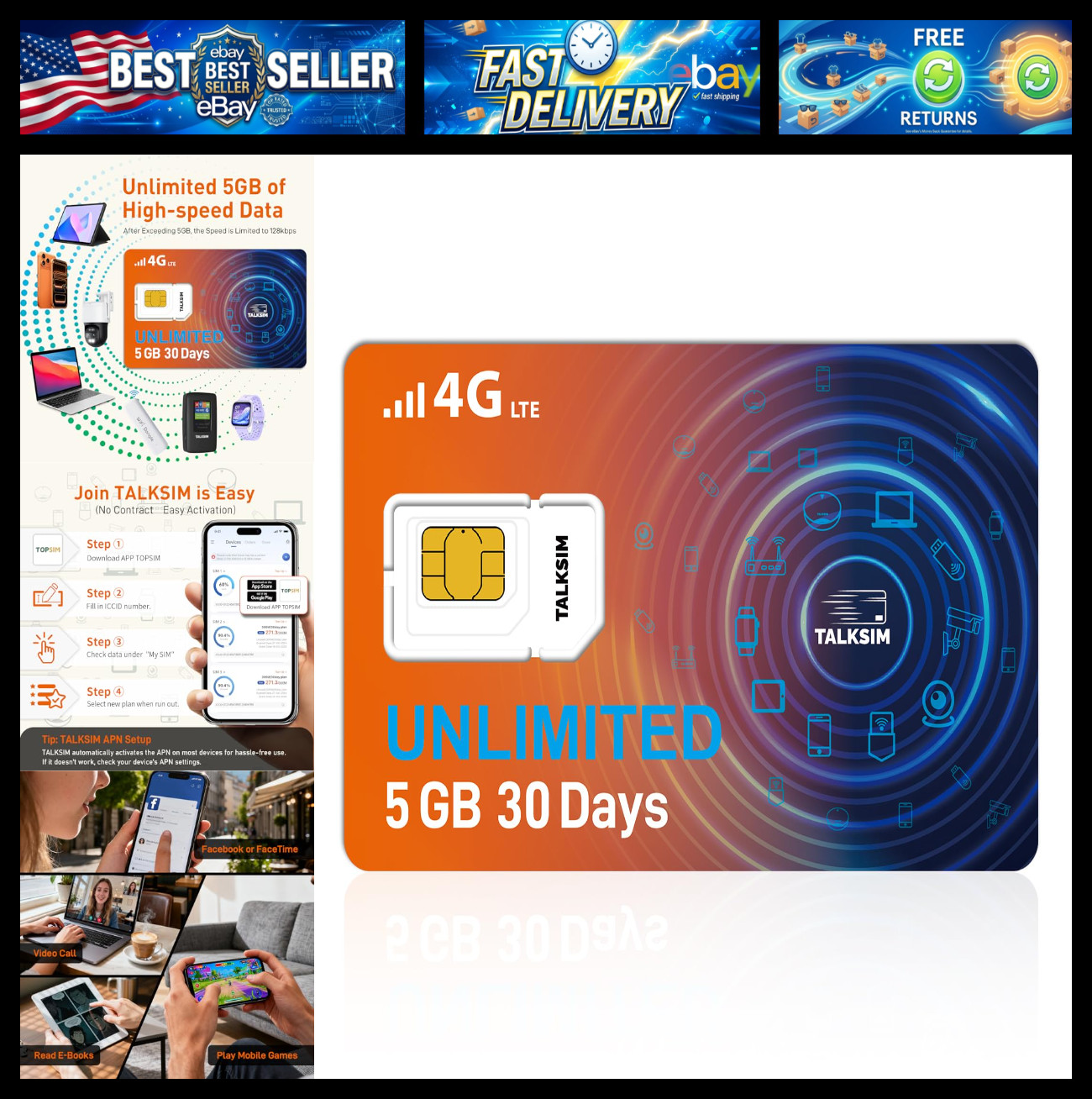 Unlimited Data SIM Card 5GB 30Days Compatible with AT&T and Verizon Network, 5G