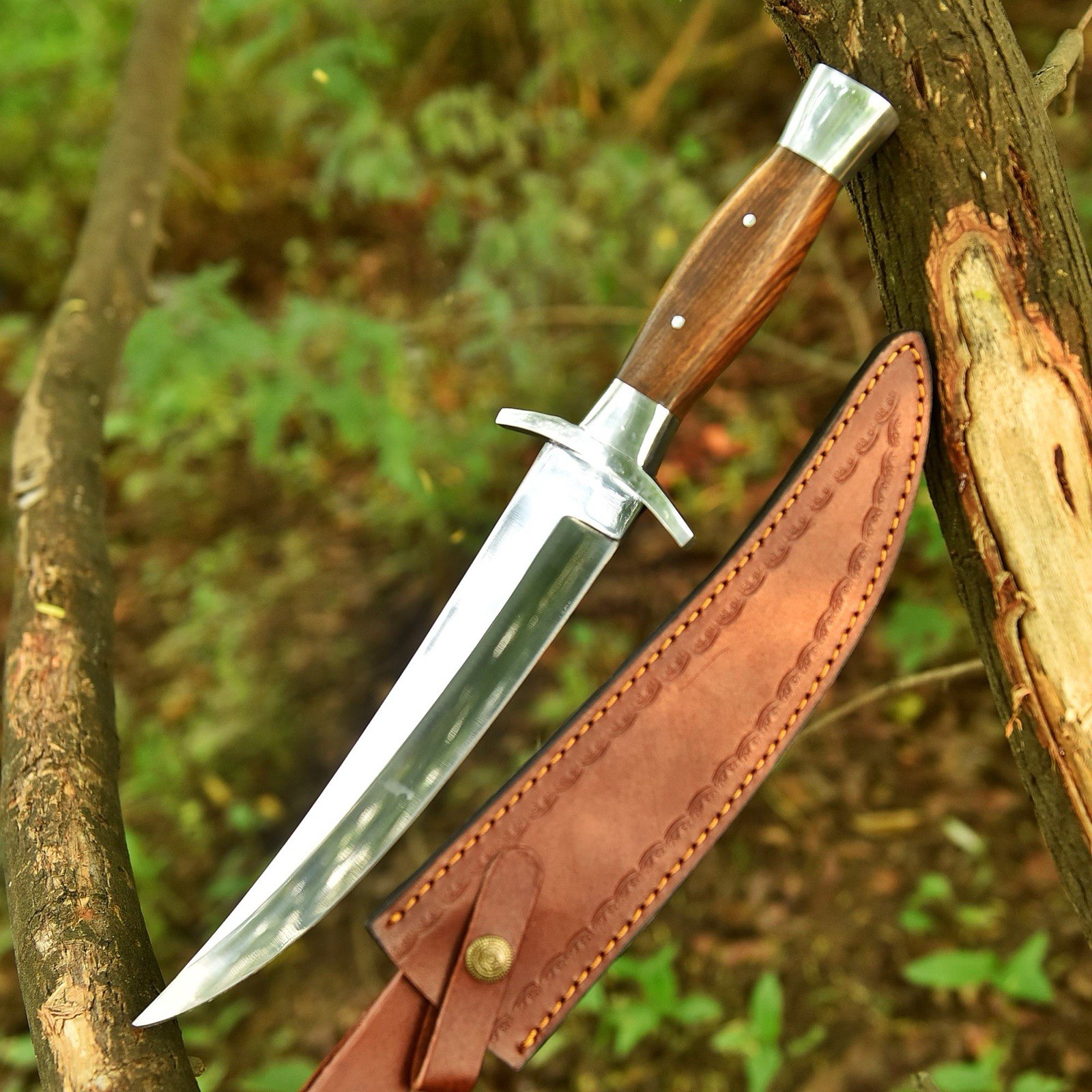Vintage Military Design Knife Handmade Fix Blade With Wood Handle Leather Sheath