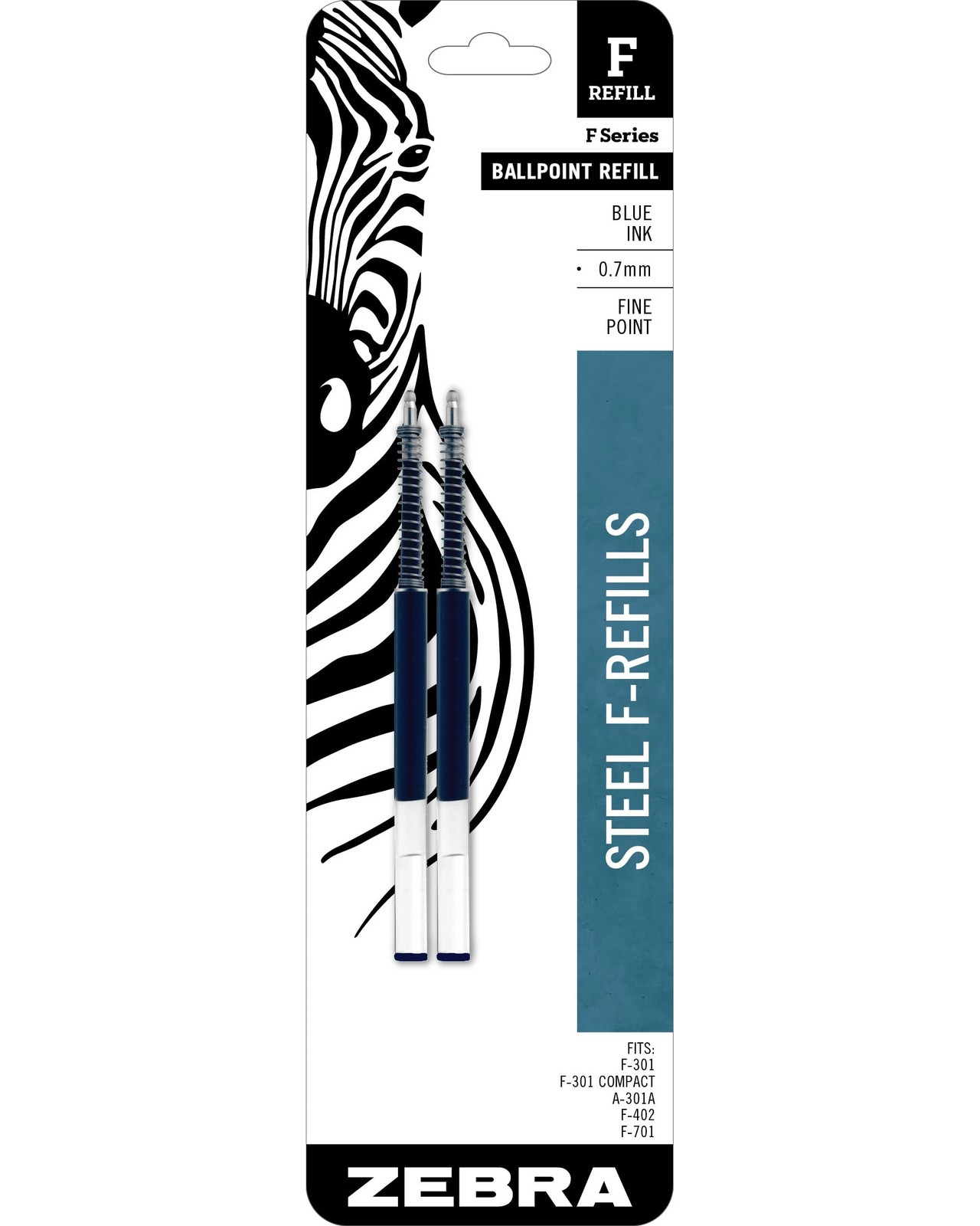 Zebra Pen STEEL, F-Refill Ballpoint Ink Refills, 2 Count (Pack of 1), Blue