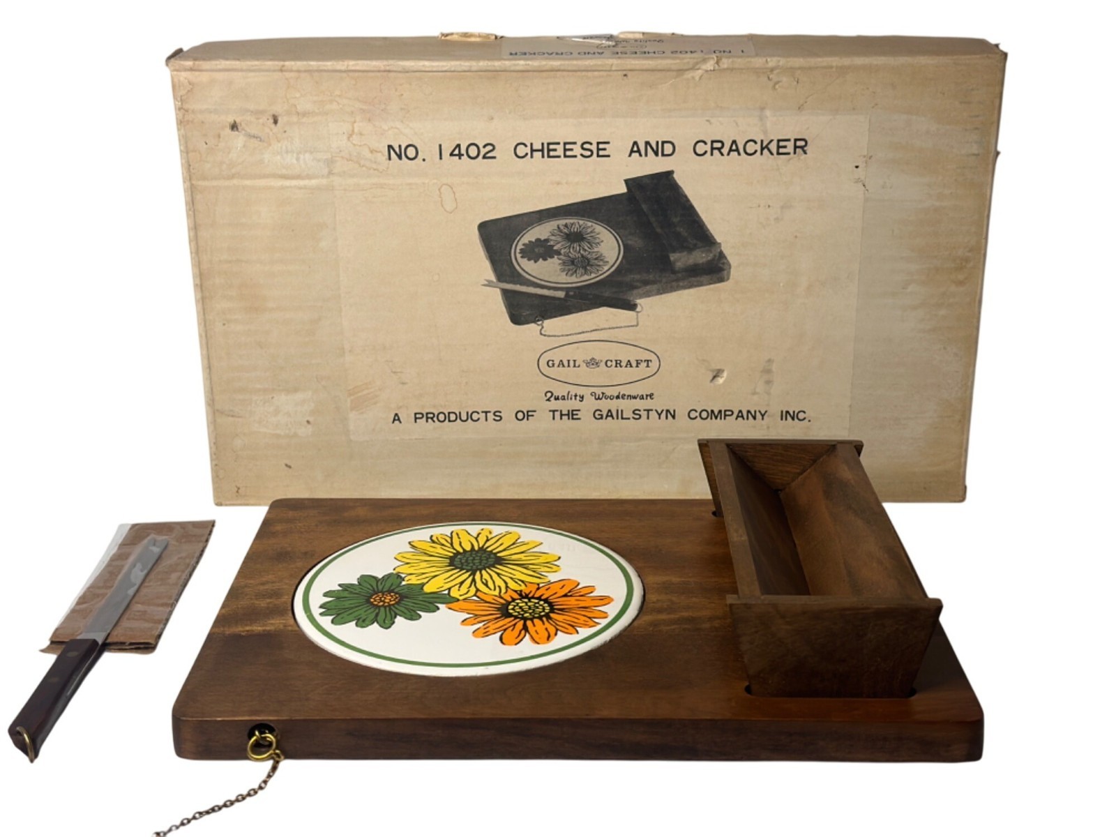VTG MCM Gail Craft Cheese Charcuterie Cracker Board w/ Box & Knife #1402 Kitchen