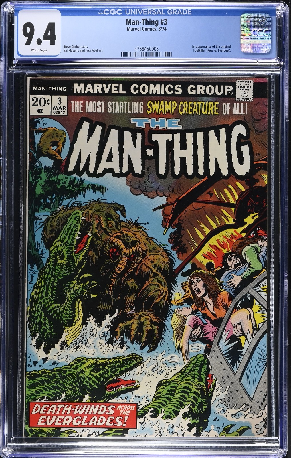 🤡 Man-Thing #3 CGC 9.4 WP 1974 1st Appearance of the Original Foolkiller