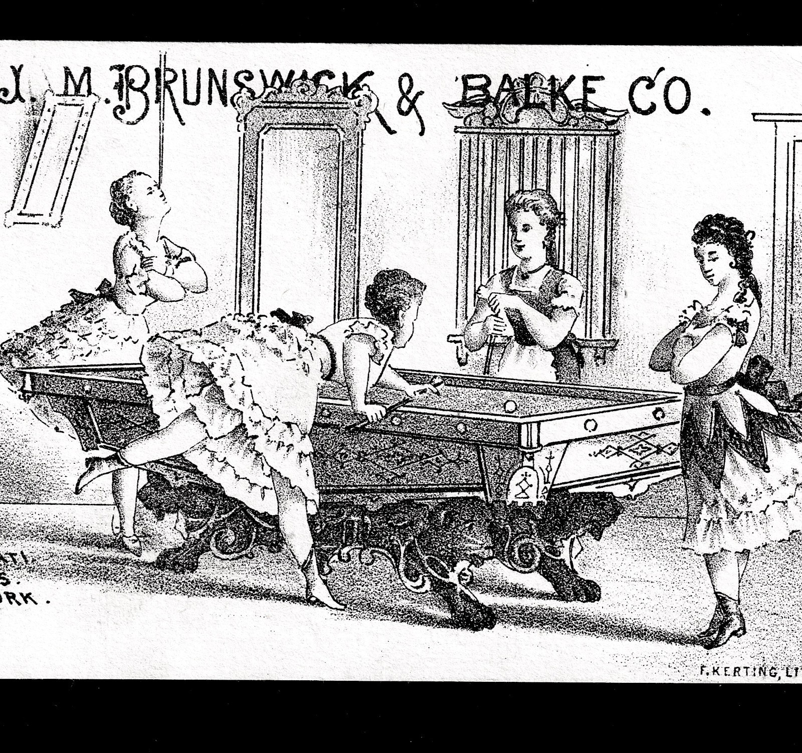 RARE - 1800's Billiards J.M Brunswick & Balke Pool Table Ladies Comic Trade Card