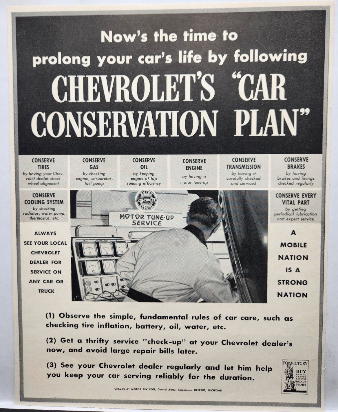 1942 Chevrolet Dealer Service Conservation Plan Original Print Ad Life Magazine
