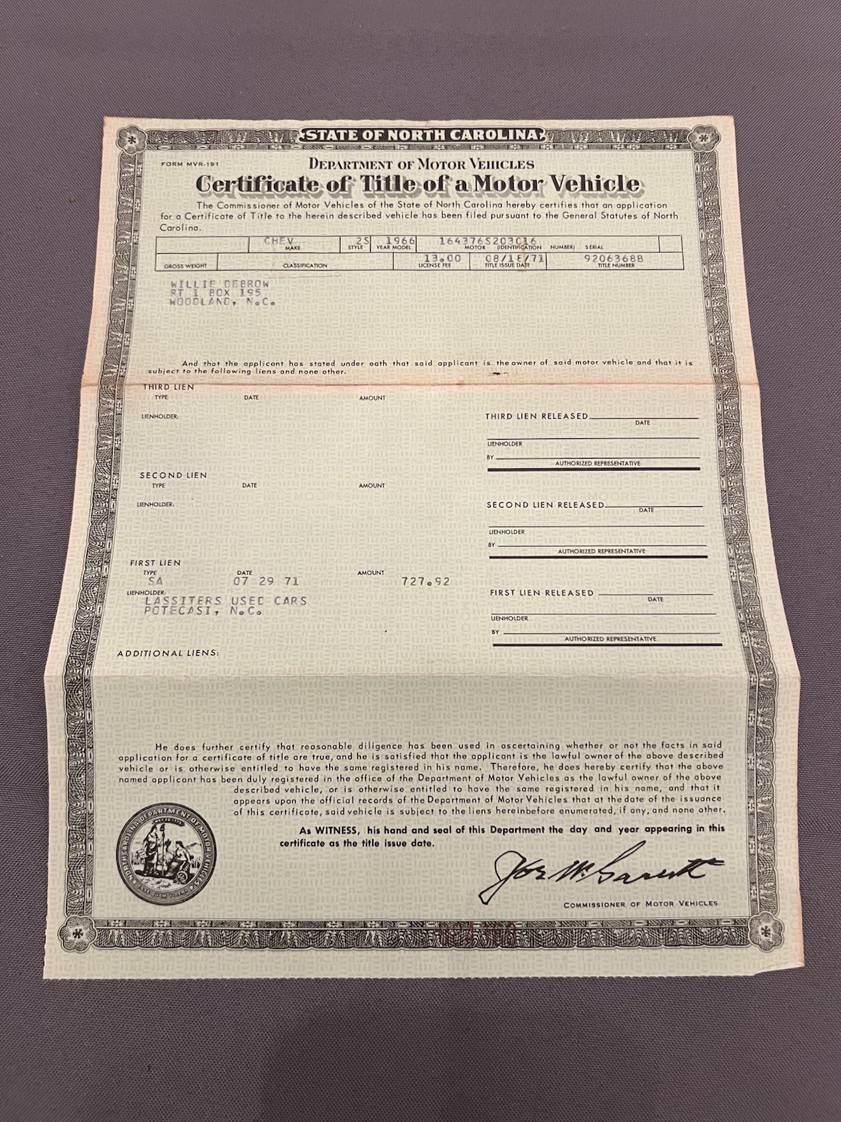Genuine Original 1966 Chevrolet Impala 2 Door Hardtop NC Car Title 164376