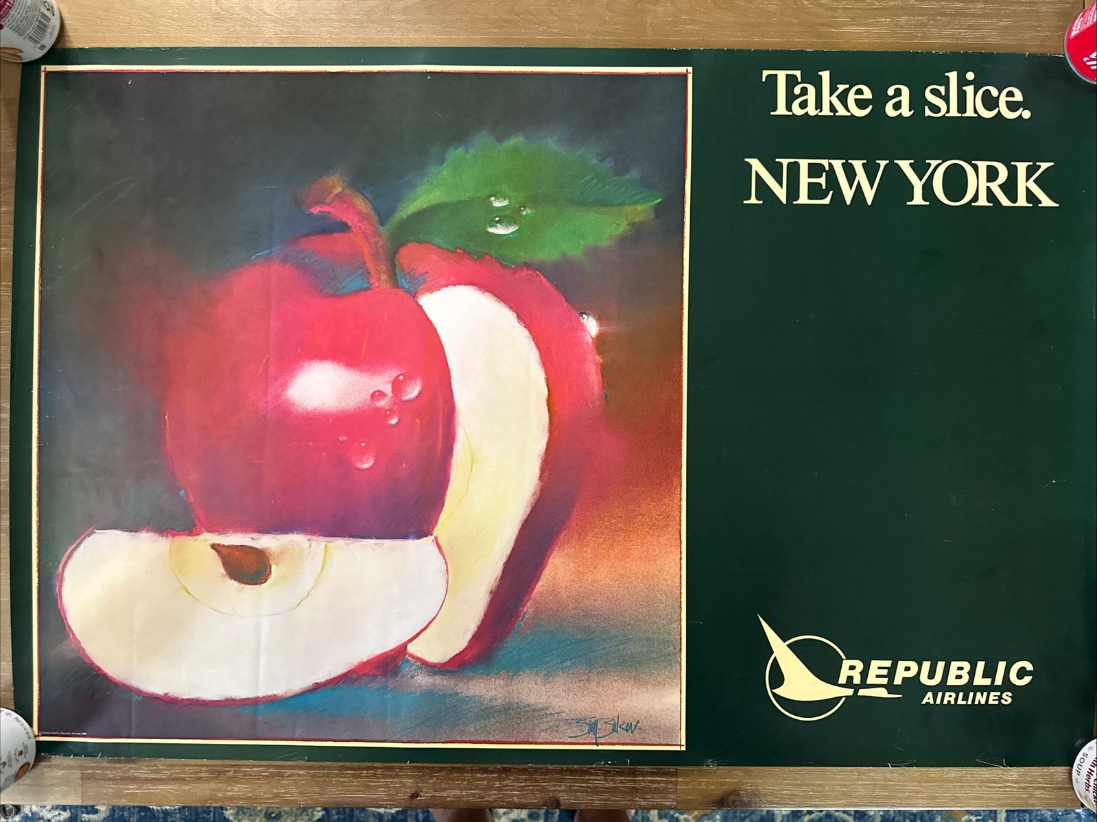 Republic Airlines Vintage 1981 “Take a Slice New York” Poster Signed Airline Art