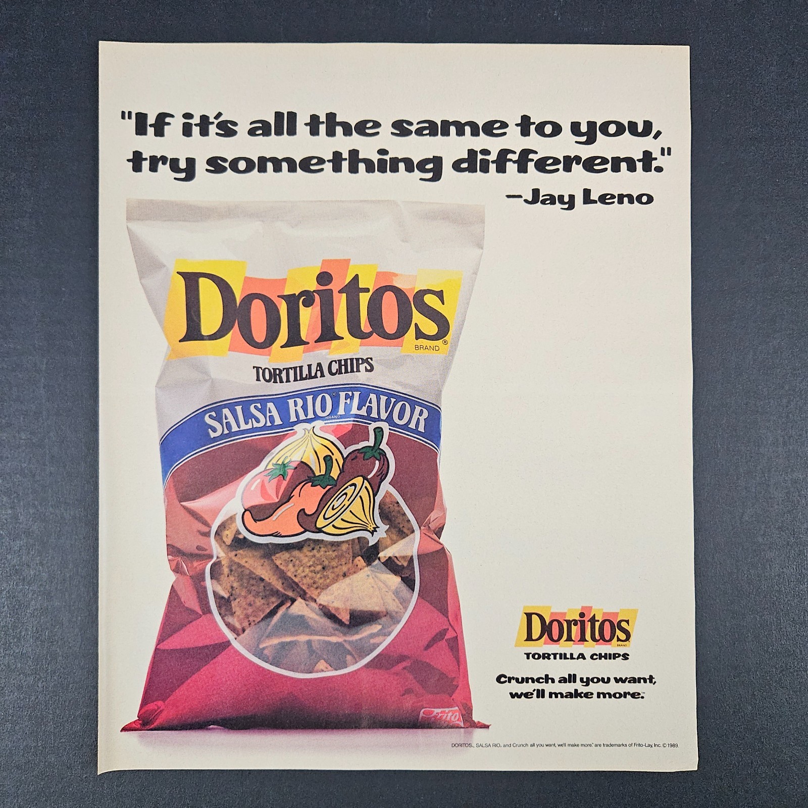 1989 Doritos Tortilla Chips Salsa Rio Flavor Vintage Print Ad Jay Leno Frito-Lay