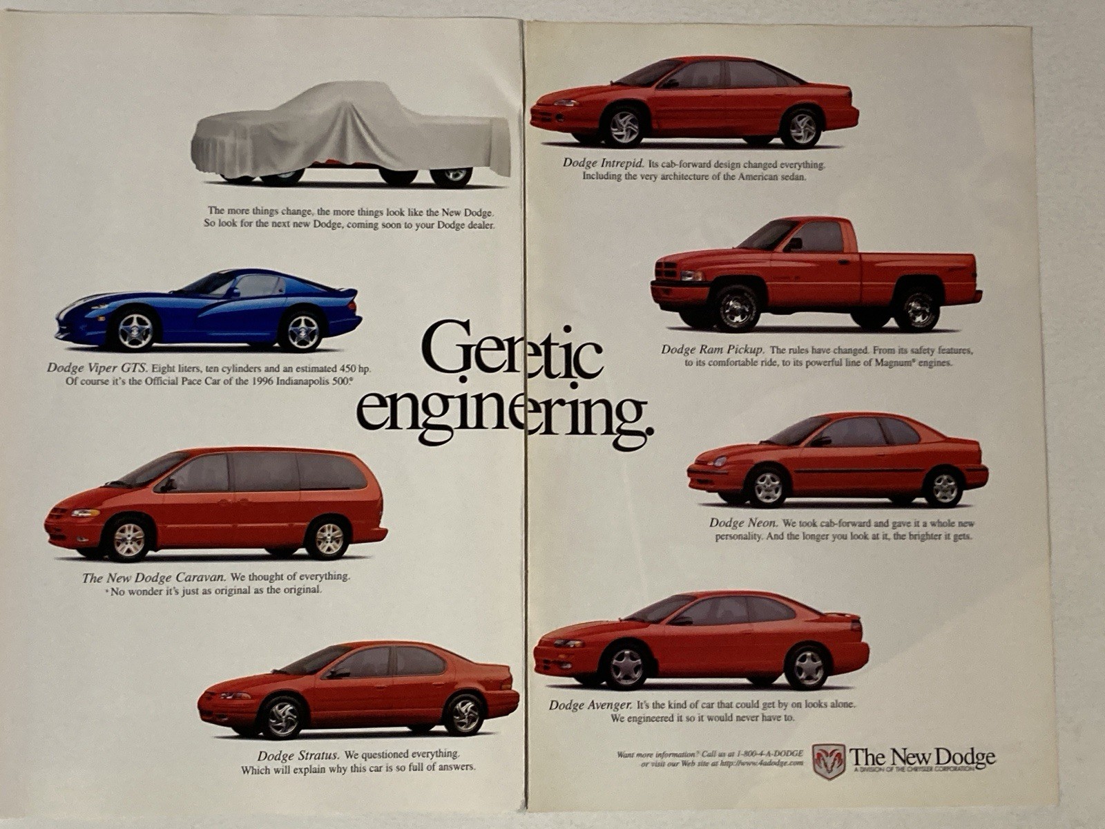 1996 Dodge Models Two Page Print Ad Viper Caravan Stratus Neon Avenger Intrepid