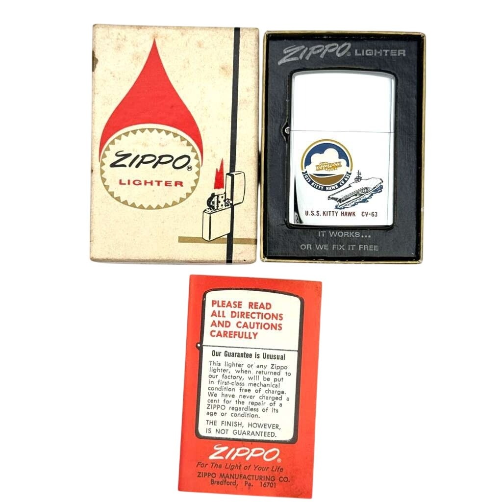 1985 Zippo USS Kitty Hawk CV-63 Navy Presentation Chrome Lighter Box & Papers