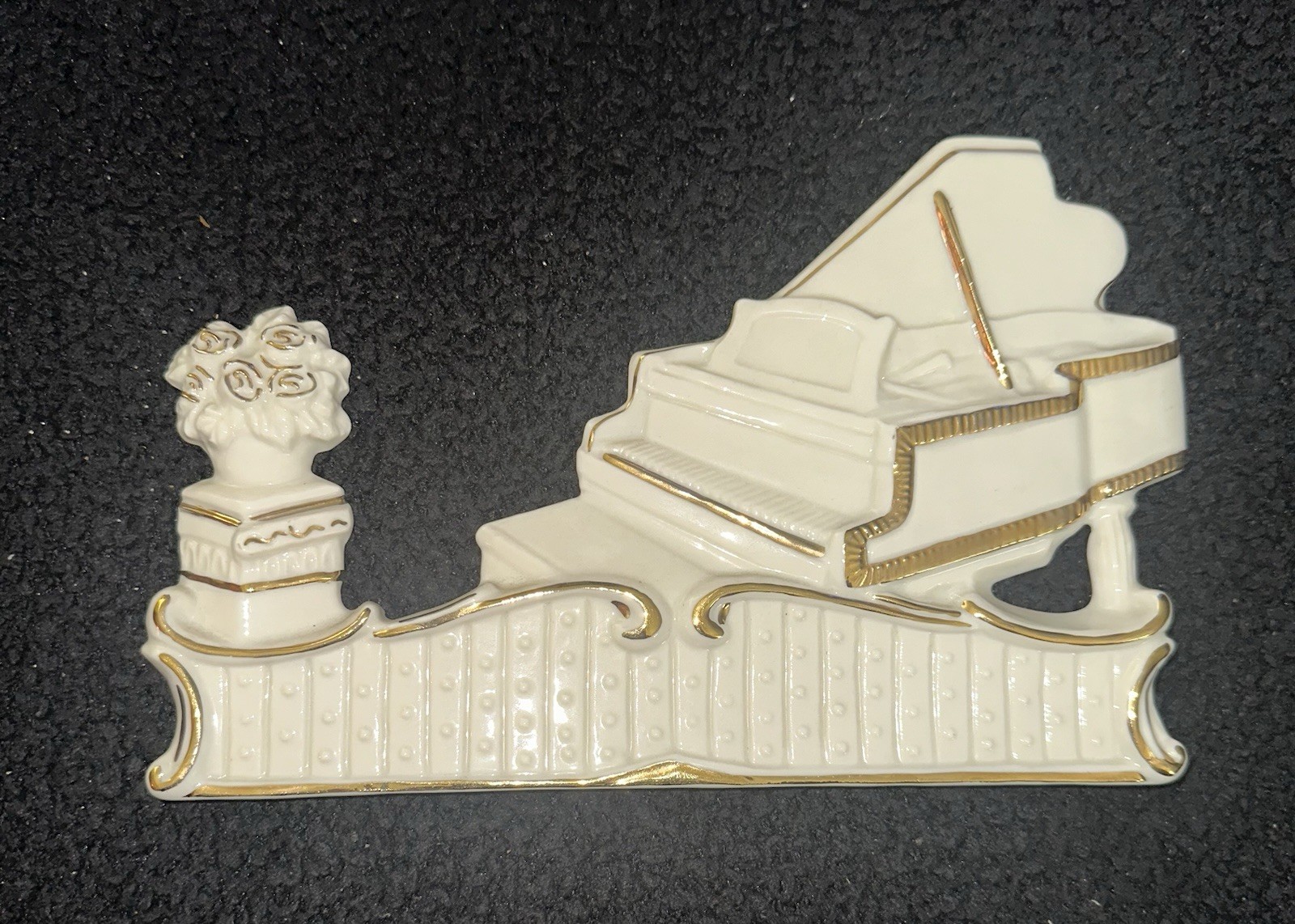 Vintage White Porcelain Grand Piano Figurine - Gold Trim W/ Floral Vase Accent