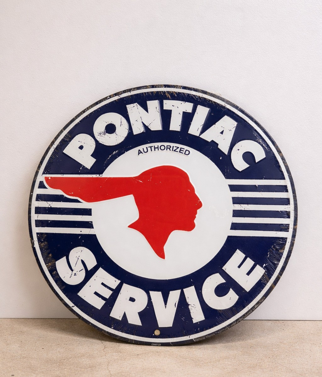 Vintage Pontiac Service Embossed Metal Sign 12” Round Gas Oil Garage Décor